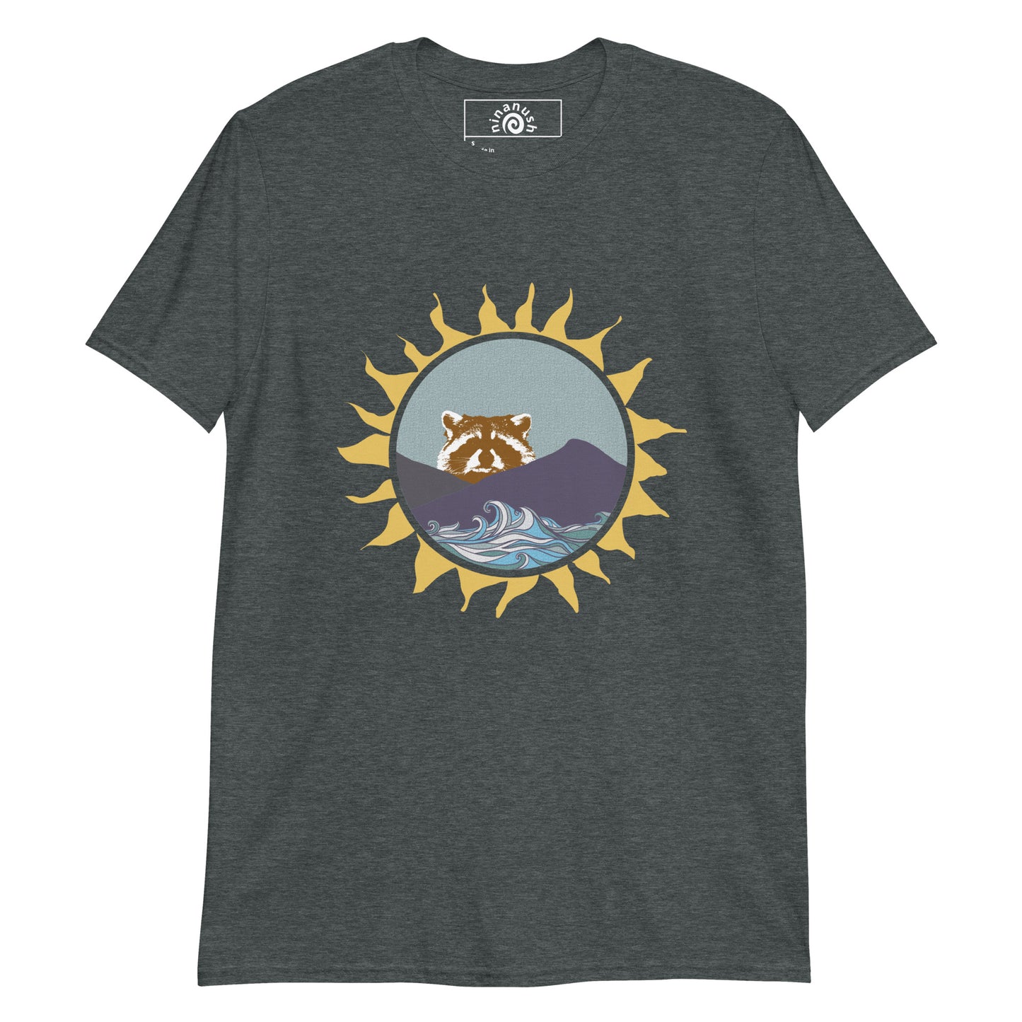 Dark Gray raccoon t-shirt from Nina's Funky Shop by ninanush - Do you love raccoons? Looking for a raccoon graphic tee? Our colorful Raccoon T-shirt design is just what you need. Expertly printed on a soft and comfortable cotton tee. It features a raccoon peering over mountains with blue waves and funky sun frame. Stand out and show off your love of raccoons and quirky tees.