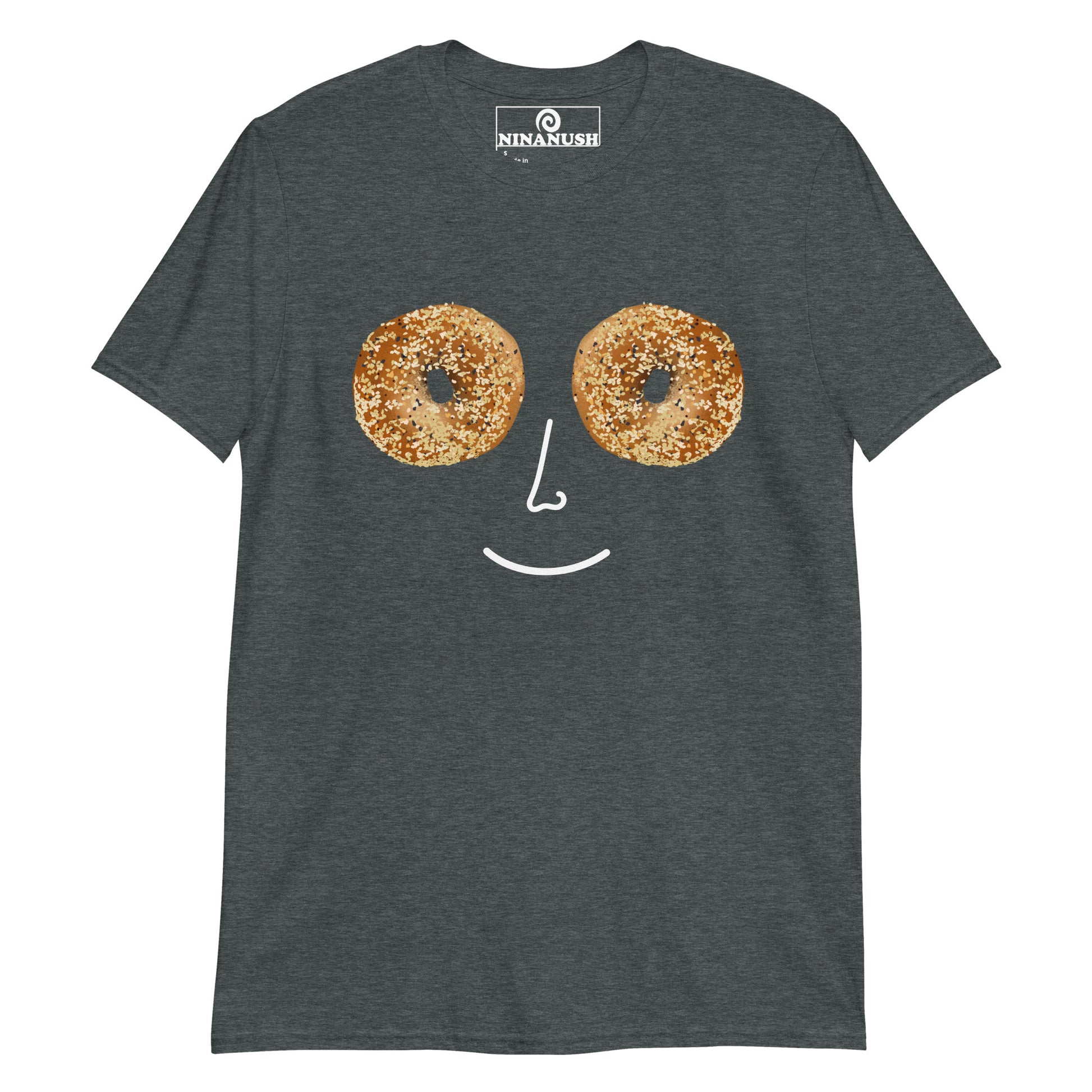 Gray Everything Bagel T-shirt from Nina's Funky Shop - Do you love bagels? Looking for a funny gift for a bagel lover? Our Everything Bagel Design T-shirt is just what you need. It's soft, cotton t-shirt with a unique bagel smiley face design and hand drawn bagel eyes. This weird foodie t-shirt is perfect for everyday streetwear or a gift for your favorite bagel enthusiast.