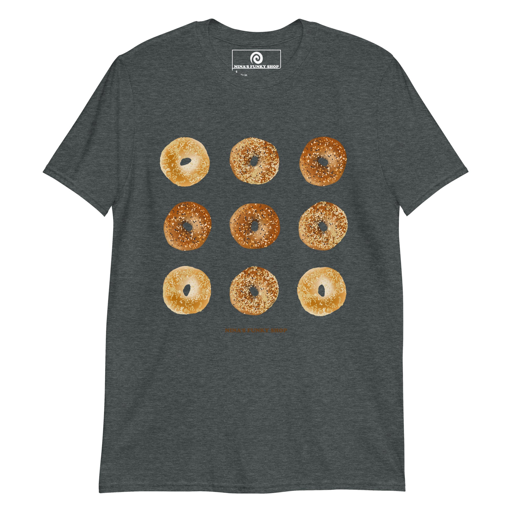Dark Gray Bagel Design T-shirt - Love bagels? This unique bagel t-shirt is just what you need! It's soft, comfortable and comes in a variety of colors with a hand drawn bagel design, expertly printed on the front. The perfect tee for bagel lovers and foodies of all kinds.