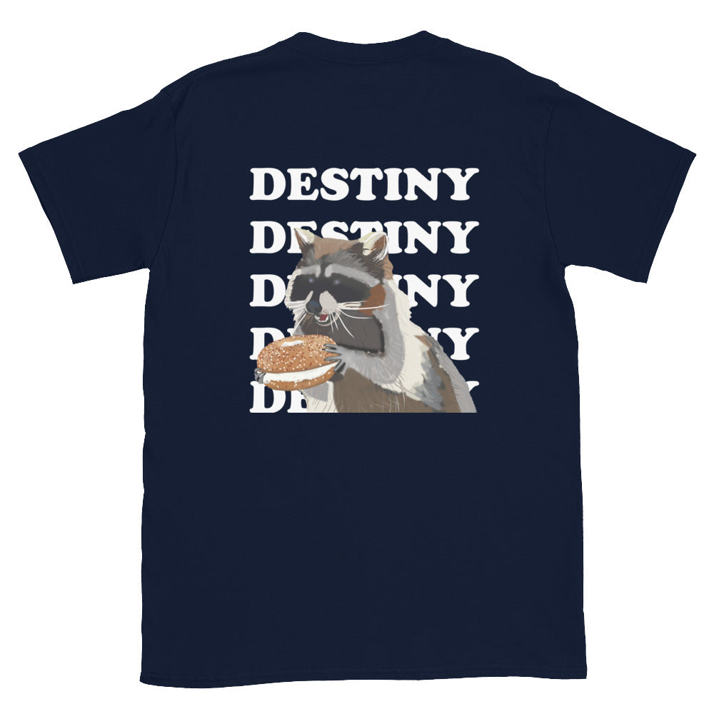 Navy blue bagel and cream cheese t-shirt with raccoon - This funny bagel and raccoon lover t-shirt has a little bagel on the front and a raccoon eating a bagel on the back with the words "destiny." The hand drawn design is totally unique and printed on a classic comfortable t-shirt. Eat bagels in style or give it as a funny gift for raccoon lovers and bagel enthusiasts.