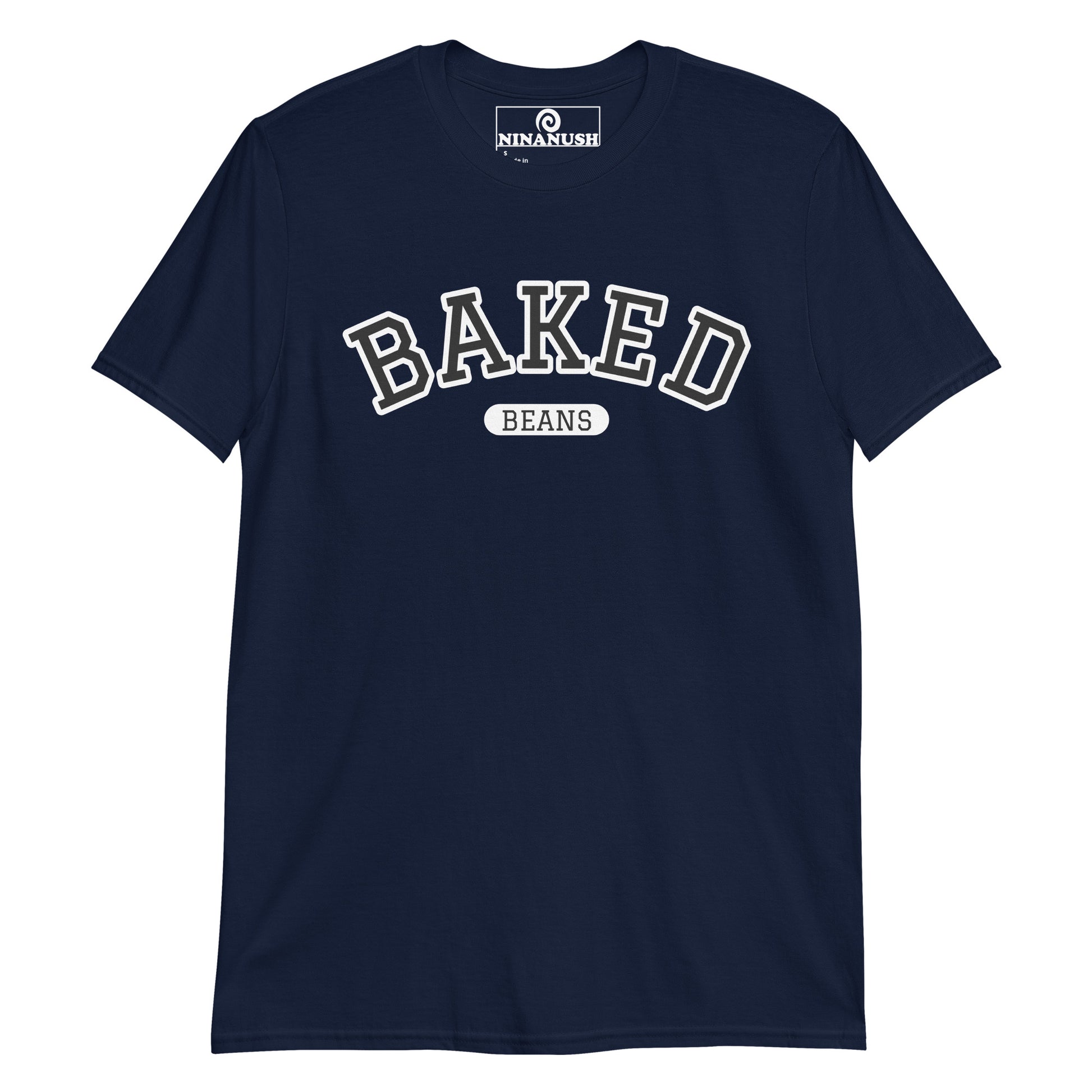 Navy Baked Beans college style t-shirt from Nina's Funky Shop by ninanush - Do you love baked beans? Looking for a fun gift for a foodie? Our Baked Beans T-shirt might be just what you need! This baked beans shirt is soft, comfortable and designed by Nina, just for you. Wear this funny foodie shirt and show off your love of baked beans. It's a statement tee that's sure to turn head.
