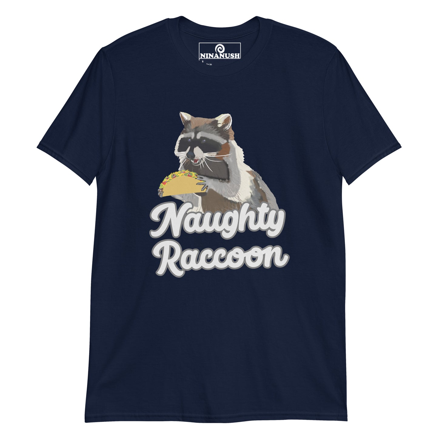 Navy naughty raccoon shirt from Nina's Funky Shop by ninanush - This naughty raccoon shirt is designed for raccoon lovers, taco aficionados and made just for you. It's a a soft and comfortable cotton t-shirt with the words "naughty raccoon" and a unique raccoon holding a taco. Wear this funny foodie t-shirt on everyday outings or give it as a funny gift for a raccoon enthusiast.
