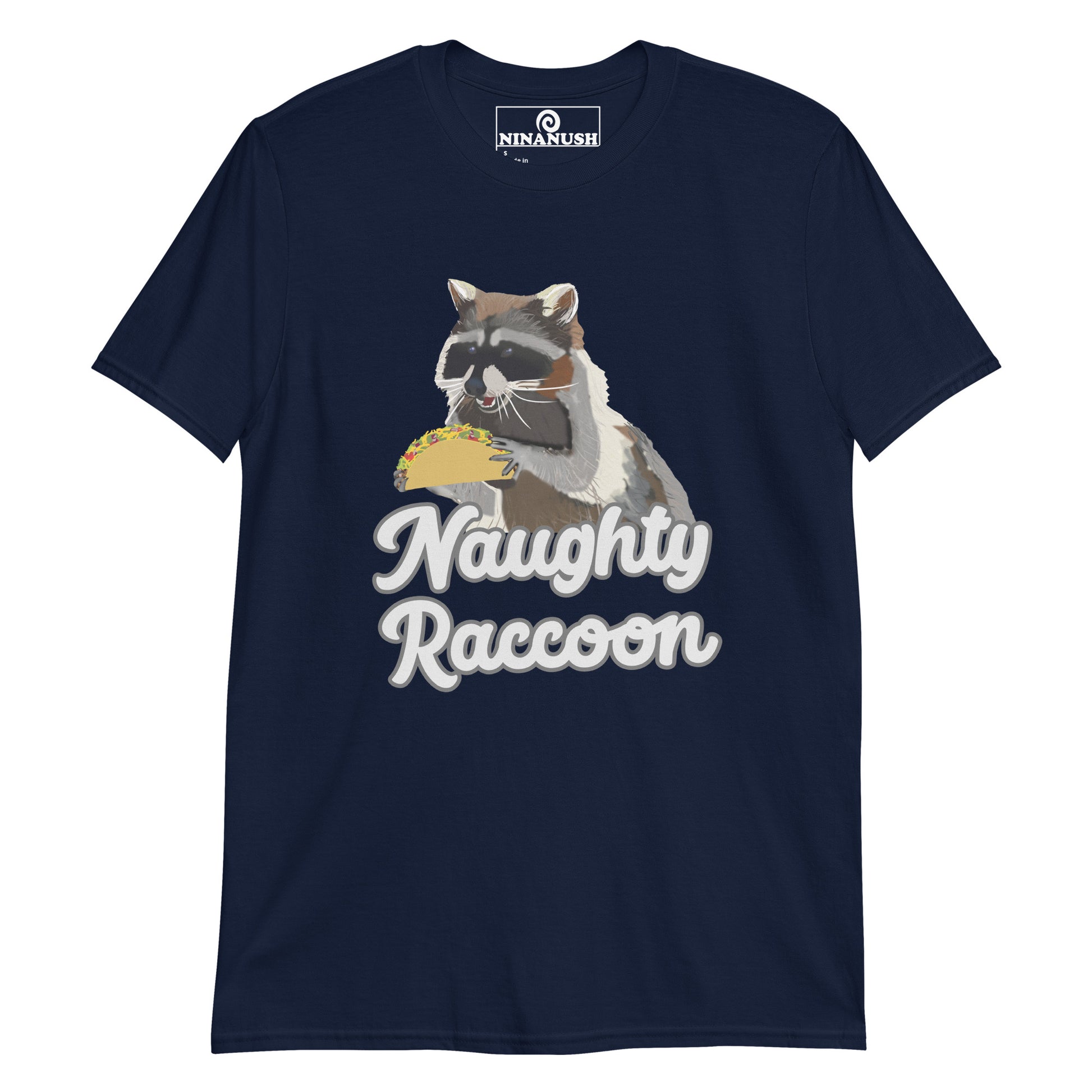 Navy naughty raccoon shirt from Nina's Funky Shop by ninanush - This naughty raccoon shirt is designed for raccoon lovers, taco aficionados and made just for you. It's a a soft and comfortable cotton t-shirt with the words "naughty raccoon" and a unique raccoon holding a taco. Wear this funny foodie t-shirt on everyday outings or give it as a funny gift for a raccoon enthusiast.