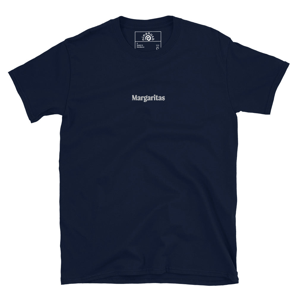 Navy blue margaritas t-shirt from Nina's Funky Shop by ninanush - This margarita t-shirt is a unisex cotton tee with the word "margaritas", embroidered on the front. A simple margarita lover t-shirt that makes a statement. Drink your favorite margarita and add a little personality to your everyday outfits with this margarita enthusiast shirt. It's designed by Nina and made just for you.
