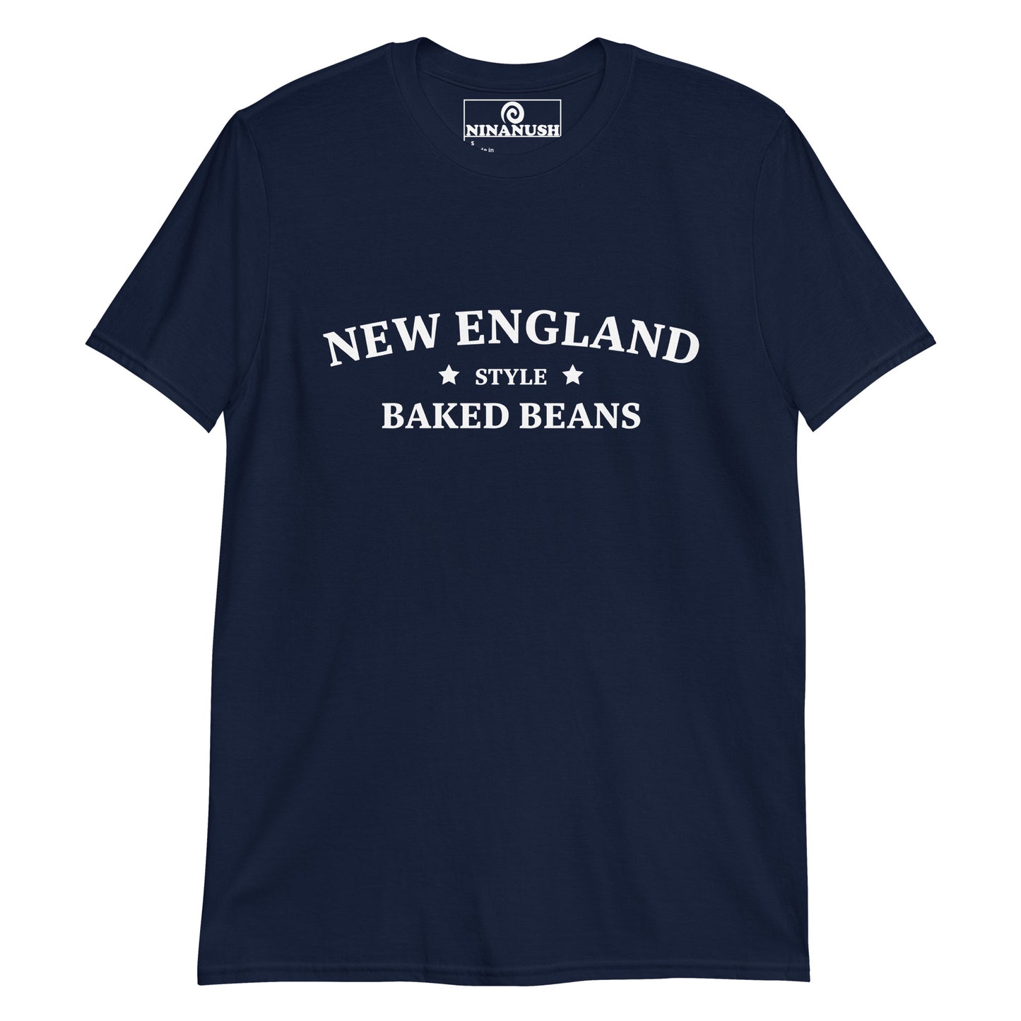Navy New England style baked beans! This funny New England baked beans t-shirt is a weird graphic tee for foodies and perfect for baked bean enthusiasts. Stand out in a funny New England shirt or give it as a unique gift for a foodie. Celebrate your favorite food and drinks in our funky foodie apparel, designed by Nina.