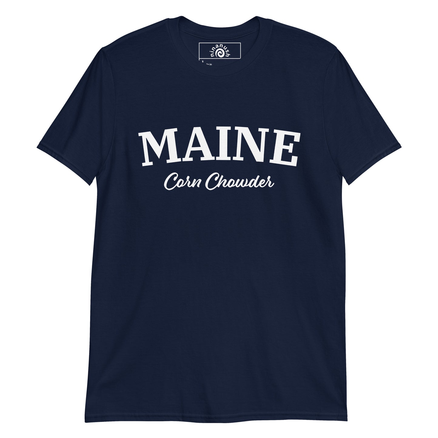 Navy Maine Corn Chowder Shirt from Nina's Funky Shop by ninanush - Do you love corn chowder? Looking for a fun foodie gift? Our Maine Corn Chowder shirt is just what you need! It's a unisex, crew neck, varsity t-shirt with a the words "Maine Corn Chowder", expertly printed on the front. Eat your favorite chowder in this funny New England foodie shirt, it's designed by Nina and made just for you.