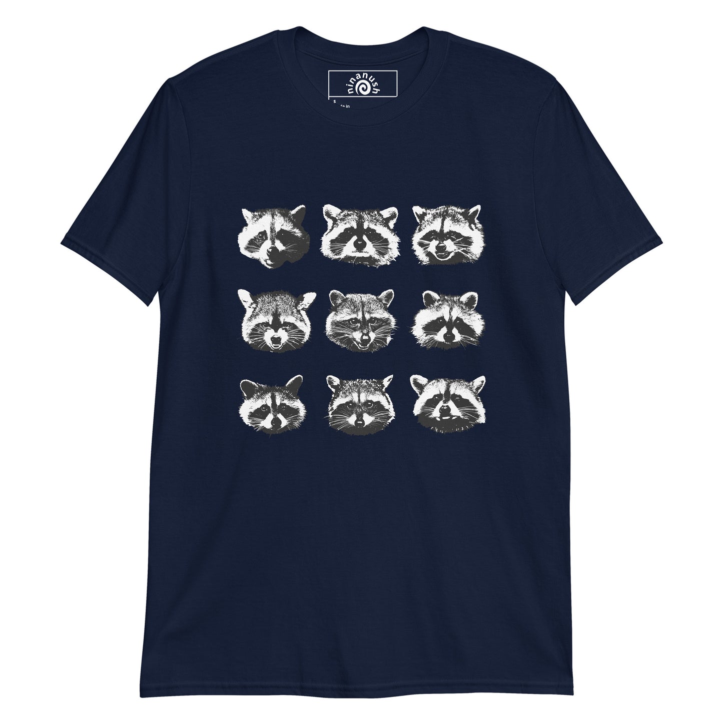 Navy raccoon t-shirt from Nina's Funky Shop by ninanush - Do you love cute raccoons? Looking for a fun gift for raccoon lovers? This raccoon faces T-Shirt is just what you need. It's a soft and comfortable cotton shirt with nine unique and funny raccoon faces, expertly printed on the front. Stay weird in this funny raccoon t-shirt design. Perfect for raccoon enthusiasts of all kinds.