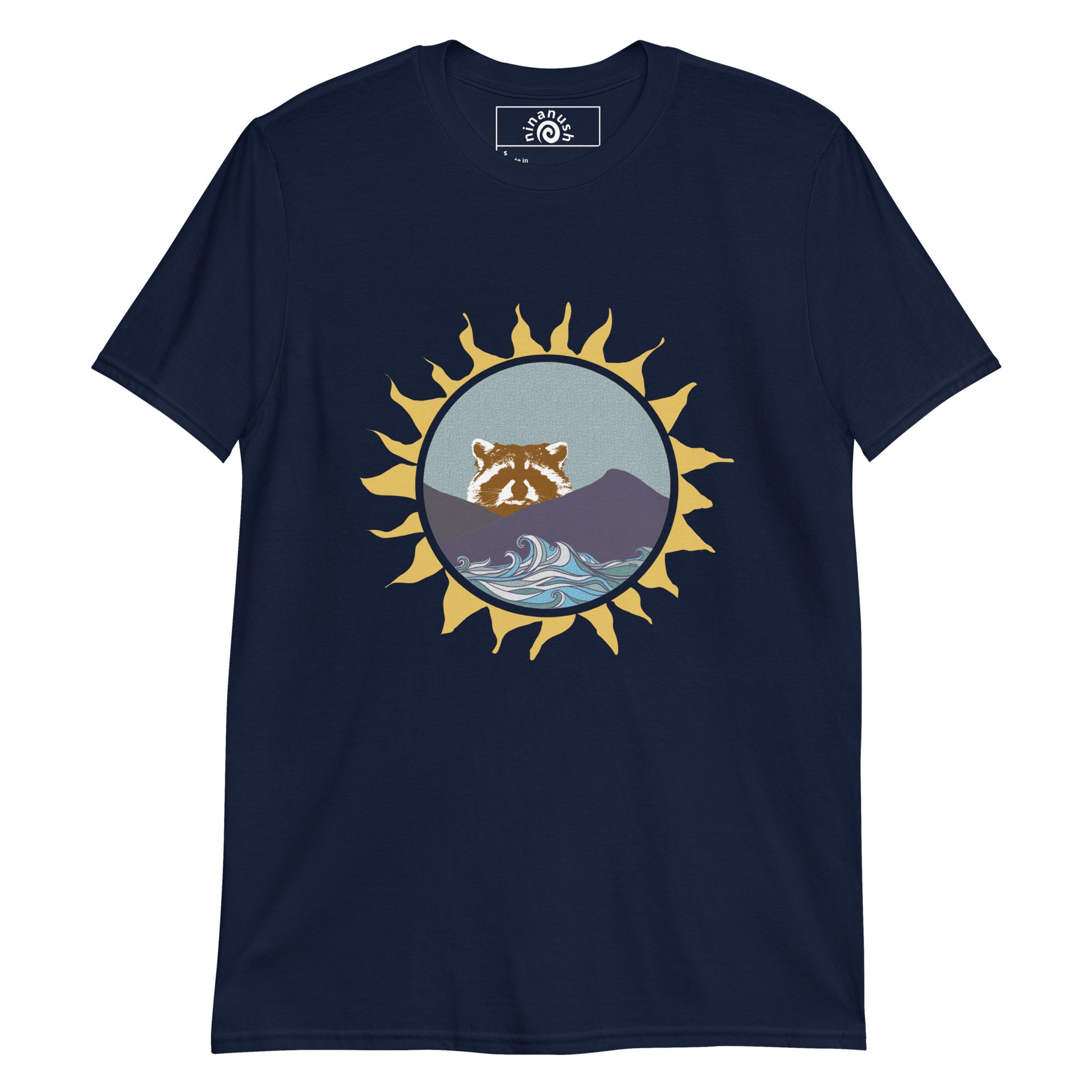 Navy raccoon t-shirt from Nina's Funky Shop by ninanush - Do you love raccoons? Looking for a raccoon graphic tee? Our colorful Raccoon T-shirt design is just what you need. Expertly printed on a soft and comfortable cotton tee. It features a raccoon peering over mountains with blue waves and funky sun frame. Stand out and show off your love of raccoons and quirky tees. 