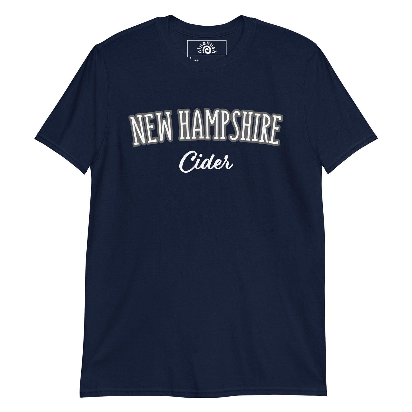 Navy Customizable New Hampshire t-shirt from Nina's Funky Shop by ninanush - Are you a New Hampshire local? Looking for a fun New Hampshire t-shirt or a funny gift for a New Englander? Design your perfect New Hampshire T-shirt right here with us! Just add your custom text and create your new favorite tee. Design: "New Hampshire" in an arc across the chest. Stand out in this varsity style New England Shirt.