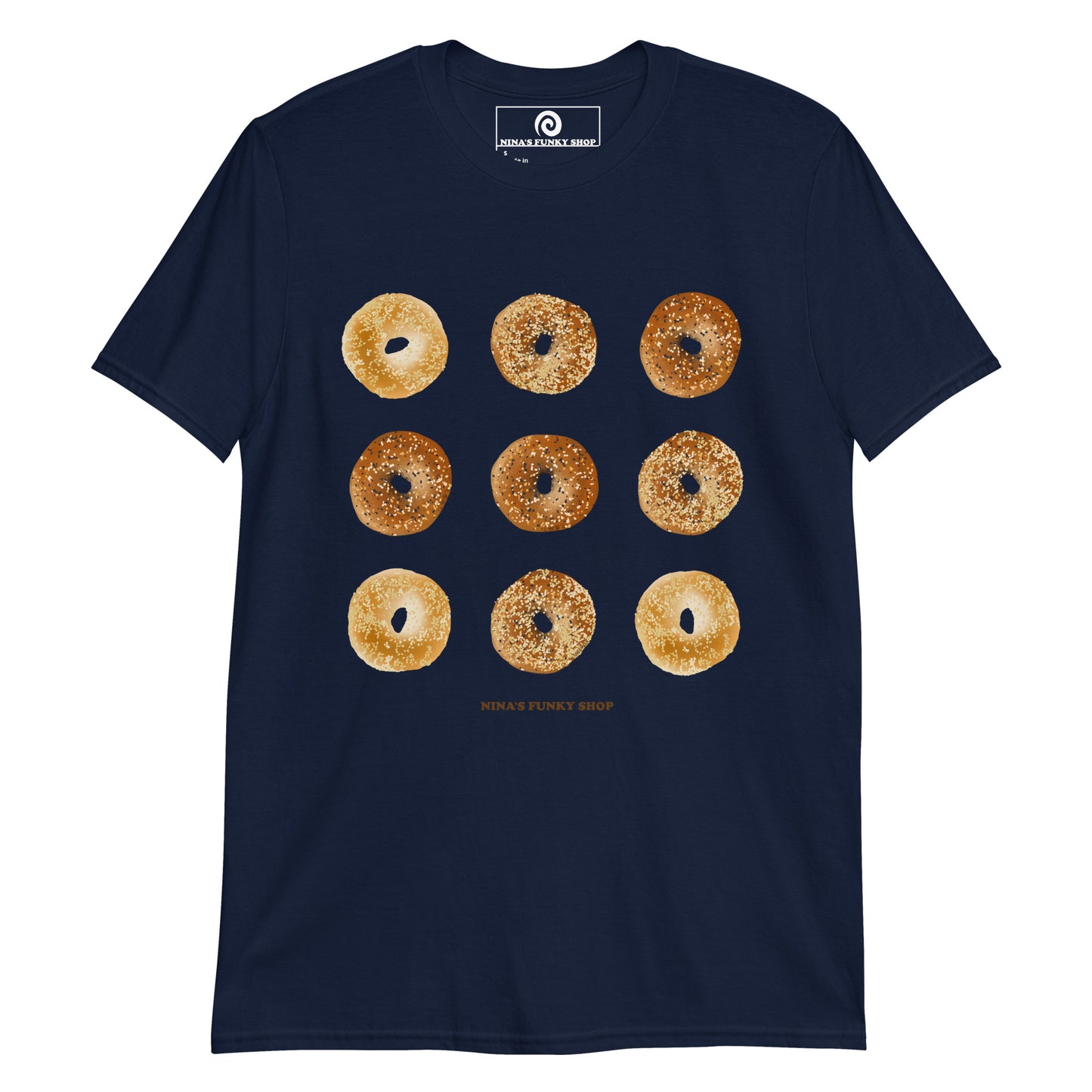Navy Bagel Design T-shirt - Love bagels? This unique bagel t-shirt is just what you need! It's soft, comfortable and comes in a variety of colors with a hand drawn bagel design, expertly printed on the front. The perfect tee for bagel lovers and foodies of all kinds.