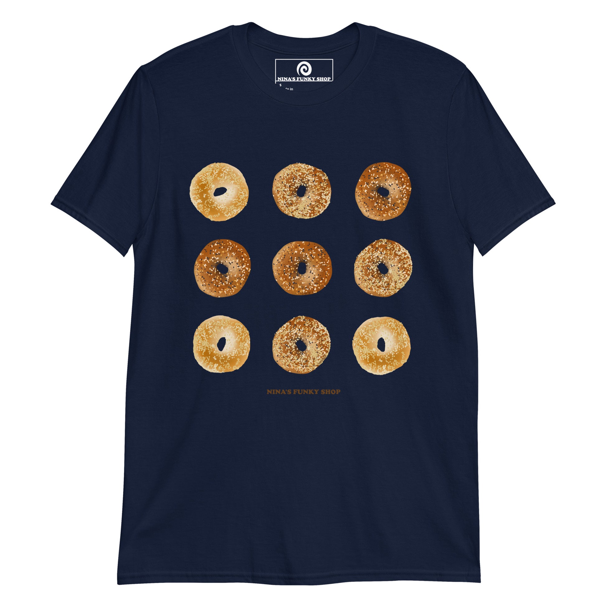 Navy Bagel Design T-shirt - Love bagels? This unique bagel t-shirt is just what you need! It's soft, comfortable and comes in a variety of colors with a hand drawn bagel design, expertly printed on the front. The perfect tee for bagel lovers and foodies of all kinds.