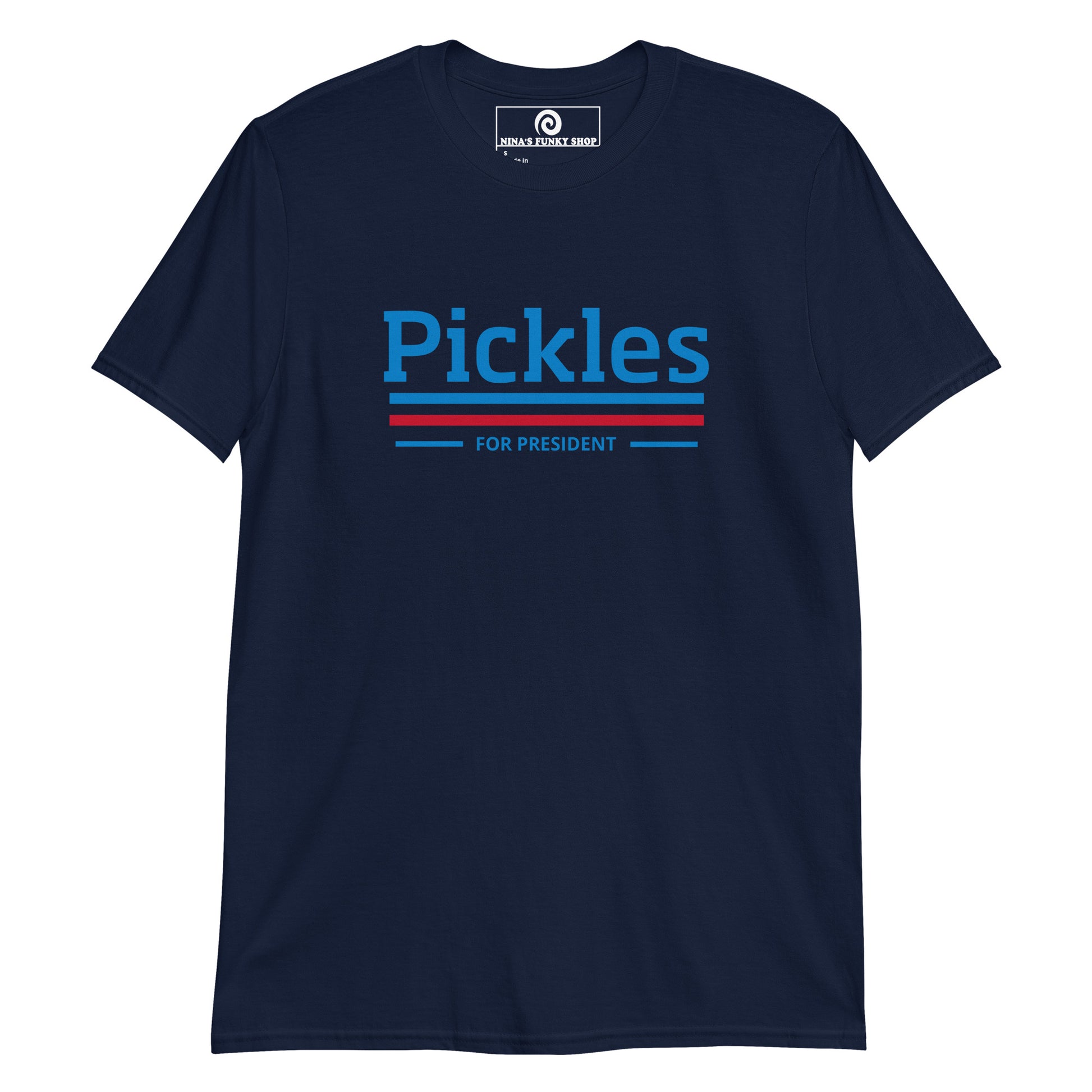 Navy Pickles For President T-Shirt - Our Pickles For President T-Shirt is soft, comfortable and made just for you! It's a classic cotton t-shirt with a funny election design. Make a statement and vote for Pickles.