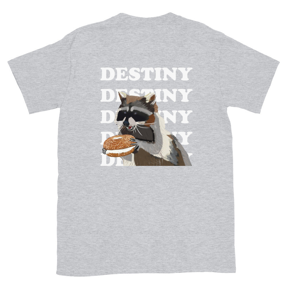 Light gray funny everything bagel shirt - This funny bagel and raccoon lover t-shirt has a little bagel on the front and a raccoon eating a bagel on the back with the words "destiny." The hand drawn design is totally unique and printed on a classic comfortable t-shirt. Eat bagels in style or give it as a funny gift for raccoon lovers and bagel enthusiasts.