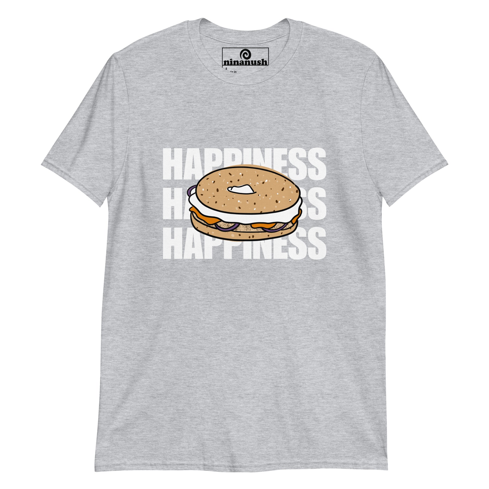 Light gray happy shirt for foodies - Do bagels make you happy? This unique bagel shirt is soft, comfortable and made just for you. Show off your love of bagels in this funny bagel lover t-shirt. It's a colorful and funky shirt for foodies of all kinds and everything bagel enthusiasts. Give this weird graphic tee as a gift for foodies or wear it on your everyday bagel adventures. 