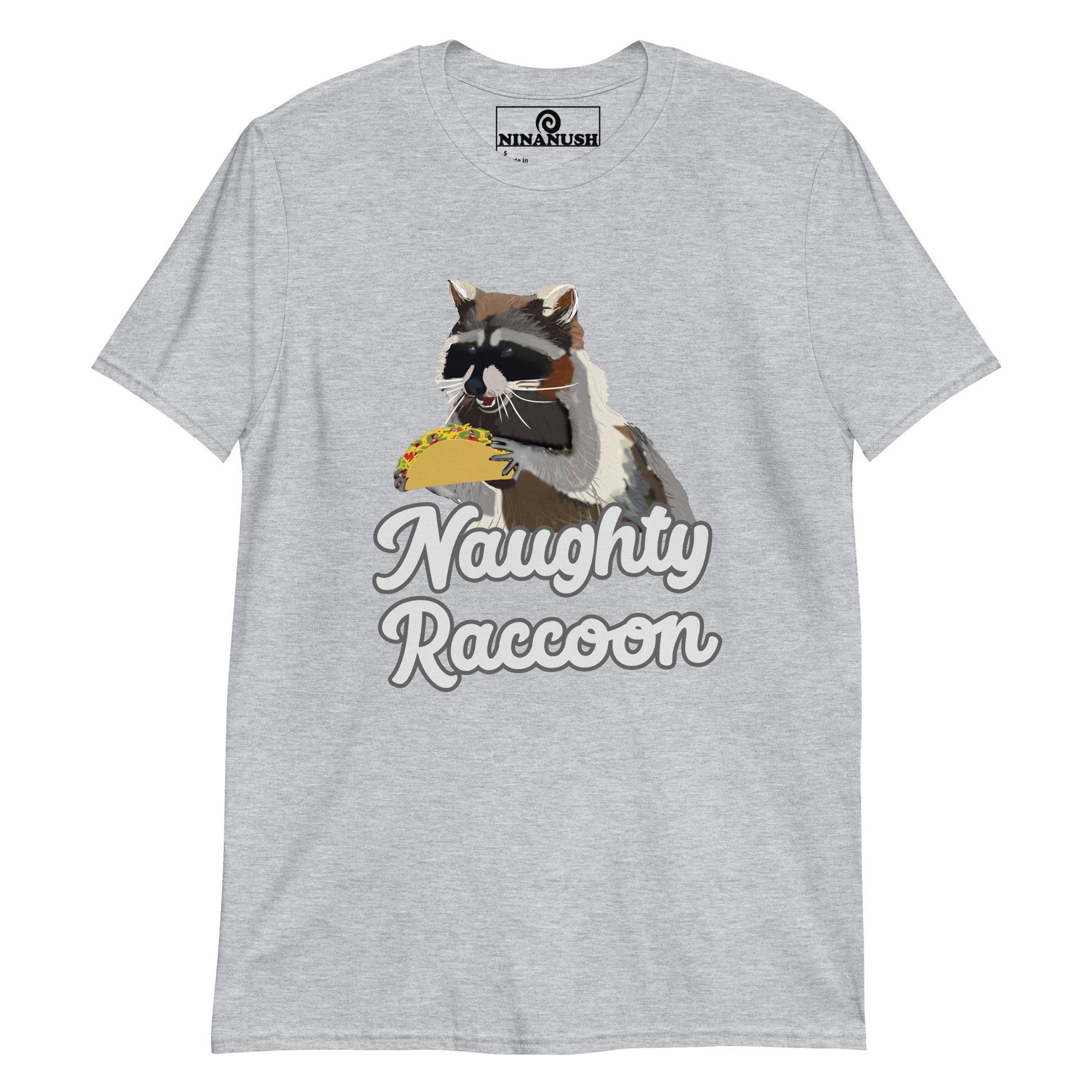 Gray naughty raccoon shirt from Nina's Funky Shop by ninanush - This naughty raccoon shirt is designed for raccoon lovers, taco aficionados and made just for you. It's a a soft and comfortable cotton t-shirt with the words "naughty raccoon" and a unique raccoon holding a taco. Wear this funny foodie t-shirt on everyday outings or give it as a funny gift for a raccoon enthusiast.