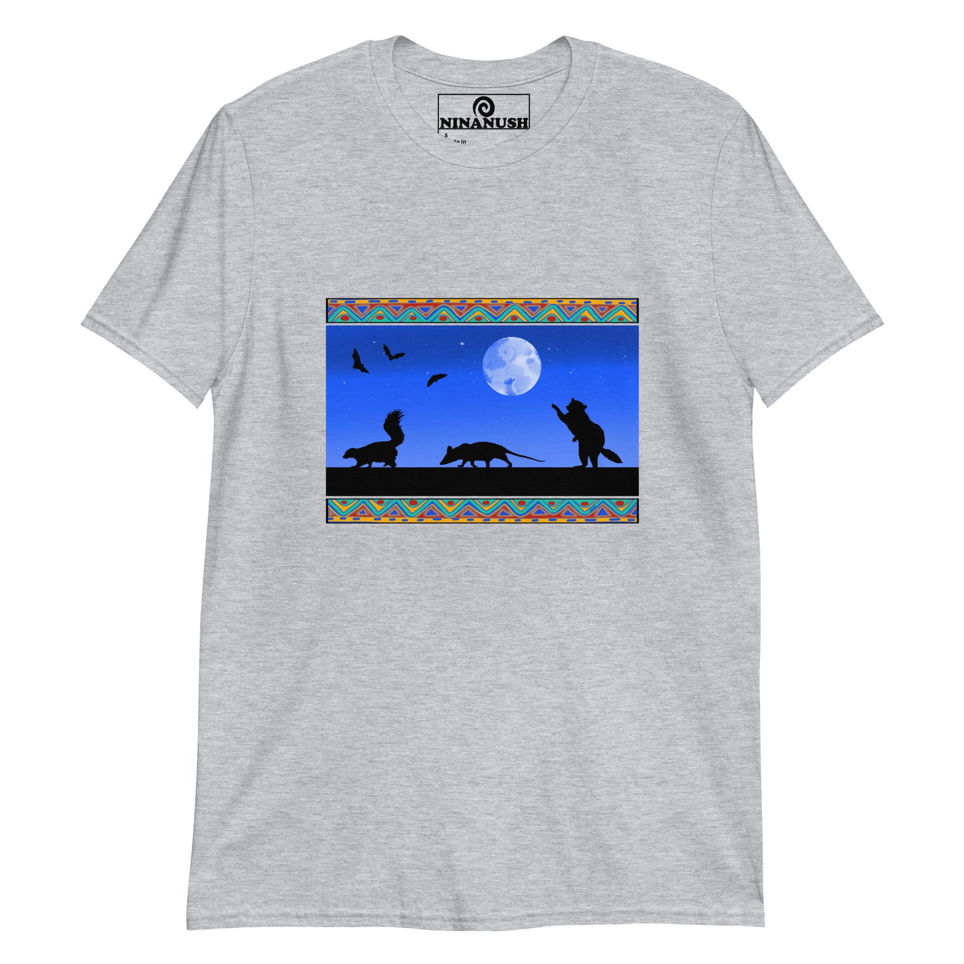 Gray trash cats t-shirt from Nina's Funky Shop by ninanush - A funny graphic tee for animal lovers and quirky shirt enthusiasts of all kinds. It has a unique design of a raccoon, opossum, and skunk with bats flying in the sky. This trash cats shirt is hand drawn by Nina and made just for you. Stand out in this eye catching t-shirt or give it as a funky gift for an animal lover.