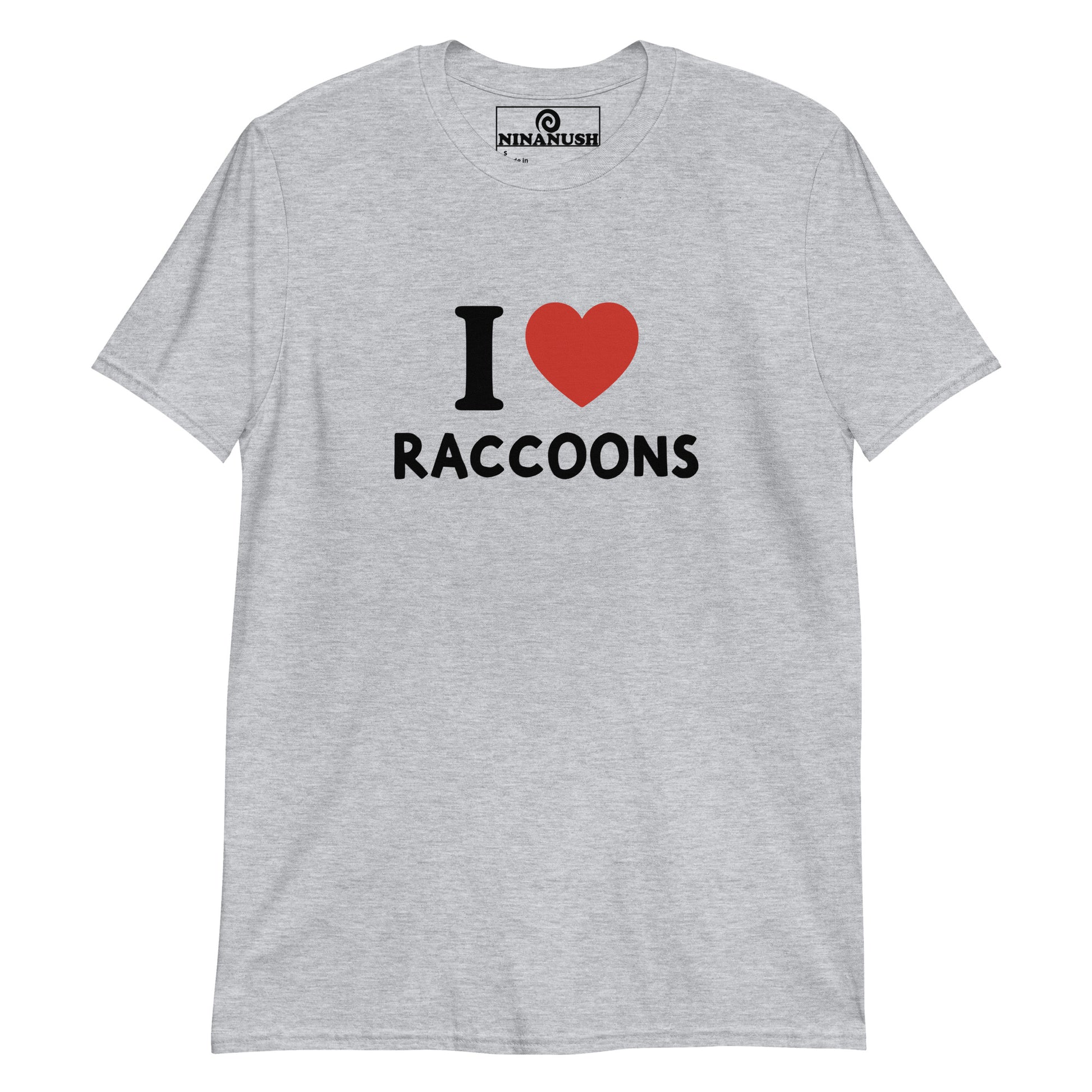 Gray I heart raccoon t-shirt from Nina's Funky Shop by ninanush - The I love raccoons t-shirt! This classic cotton tee was designed for raccoon enthusiasts and made just for you. It's soft, comfortable and the perfect shirt for raccoon lovers and animal people of all kinds. Share your passion for raccoons or give this quirky "I heart raccoons" t-shirt to your favorite raccoon lover.