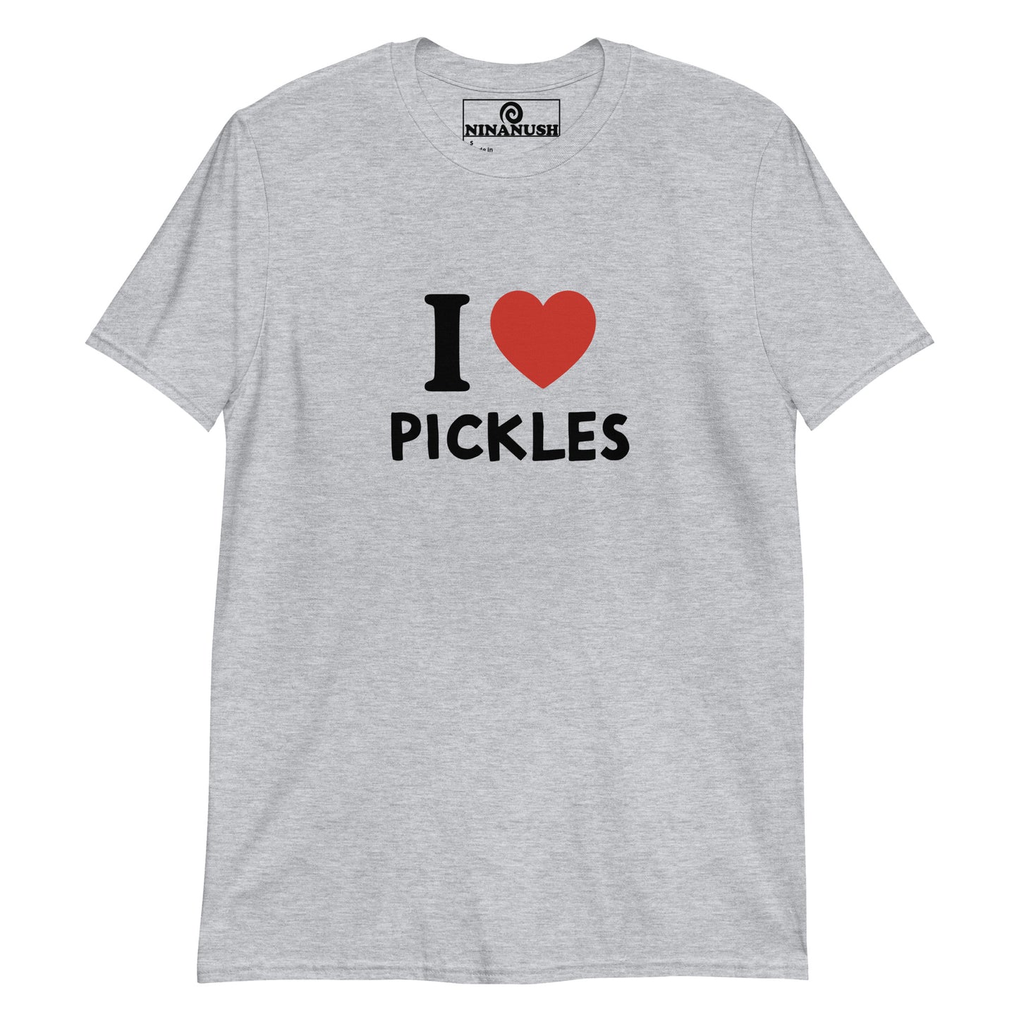Gray I heart pickles t-shirt from Nina's Funky Shop by ninanush - The I heart pickles t-shirt! A classic cotton shirt for pickle lovers, designed by Nina and made just for you. Make a bold statement in this pickle tee. It's soft, comfortable and the perfect funny tee for a pickle friend or pickle enthusiast. Celebrate your favorite foods in our funky foodie apparel.