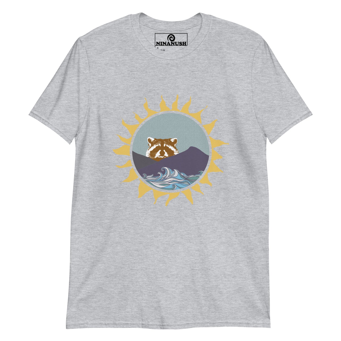 Light Gray raccoon t-shirt from Nina's Funky Shop by ninanush - Do you love raccoons? Looking for a raccoon graphic tee? Our colorful Raccoon T-shirt design is just what you need. Expertly printed on a soft and comfortable cotton tee. It features a raccoon peering over mountains with blue waves and funky sun frame. Stand out and show off your love of raccoons and quirky tees.