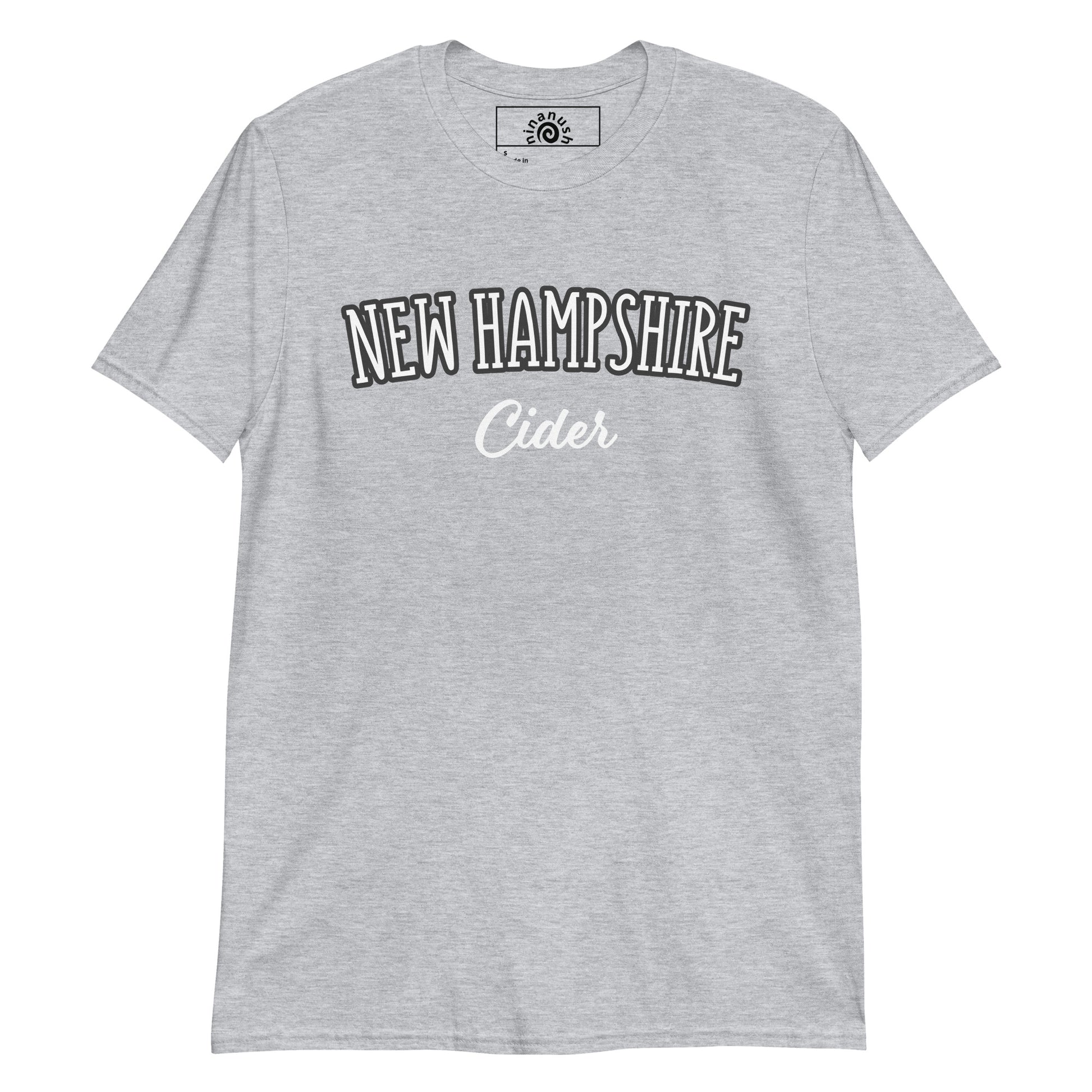 Light Gray Customizable New Hampshire t-shirt from Nina's Funky Shop by ninanush - Are you a New Hampshire local? Looking for a fun New Hampshire t-shirt or a funny gift for a New Englander? Design your perfect New Hampshire T-shirt right here with us! Just add your custom text and create your new favorite tee. Design: "New Hampshire" in an arc across the chest. Stand out in this varsity style New England Shirt.