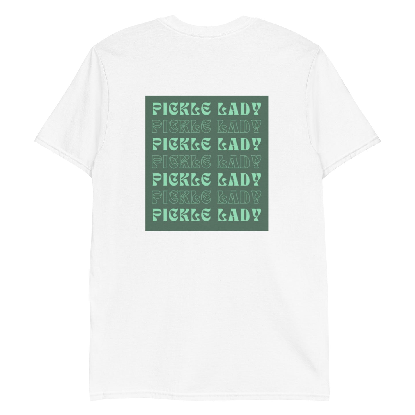 White T-Shirt with Pickle Lady Design - Are you a pickle lady? Looking for a gift for a pickle enthusiast? Our funky Pickle Lady T-Shirt is just what you need. It's a soft and comfortable cotton tee that comes in a variety of colors with a green pickle lady design on the back and a unique pickle spears design on the front. Make a statement and eat your favorite pickles in this funny pickle shirt. 
