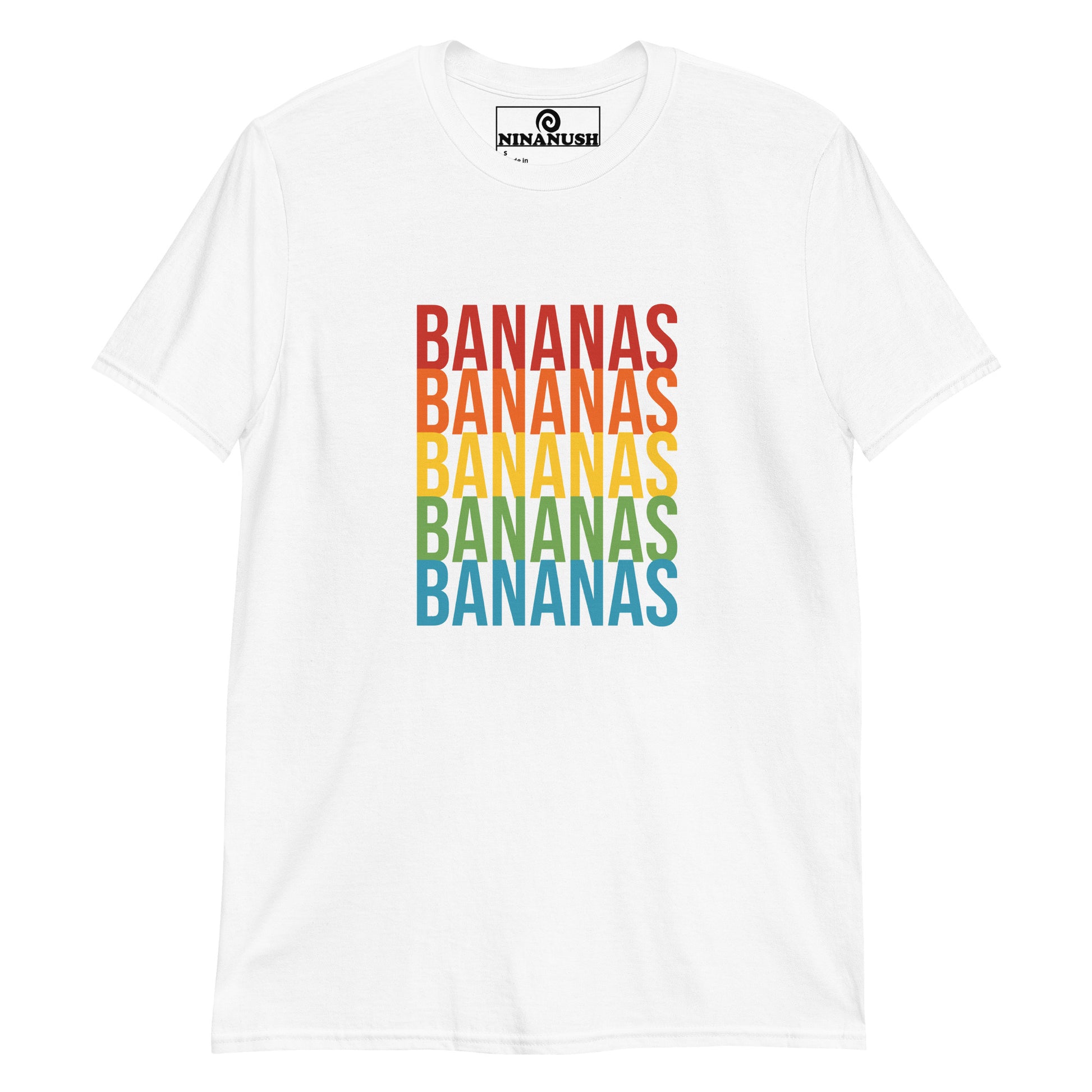 White rainbow bananas t-shirt - A classic cotton T-Shirt with the word "banana" printed in bold colors on the front. It's soft, comfortable and made just for you and your favorite banana enthusiast. This funny food shirt is designed for banana lovers and makes a unique gift for foodies of all kinds. Celebrate your favorite foods in our foodie apparel.