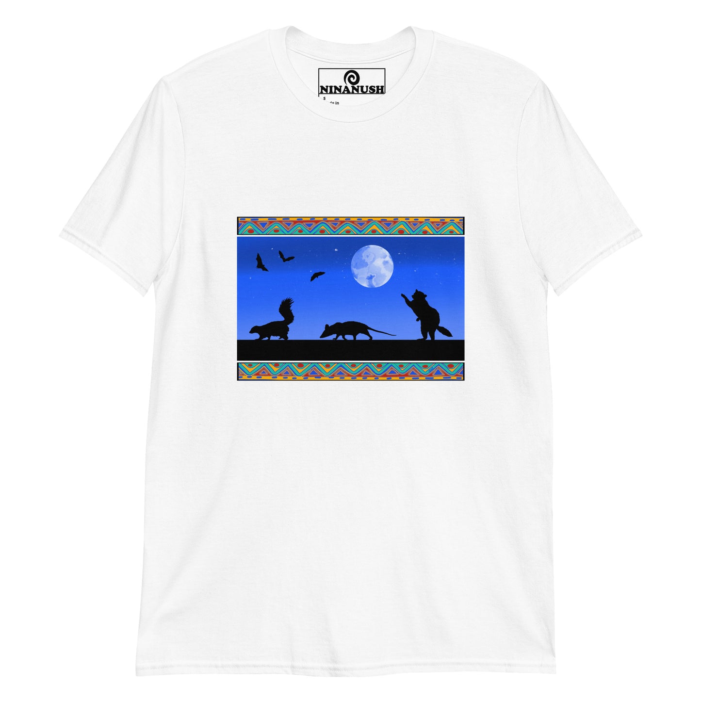 White trash cats t-shirt from Nina's Funky Shop by ninanush - A funny graphic tee for animal lovers and quirky shirt enthusiasts of all kinds. It has a unique design of a raccoon, opossum, and skunk with bats flying in the sky. This trash cats shirt is hand drawn by Nina and made just for you. Stand out in this eye catching t-shirt or give it as a funky gift for an animal lover.