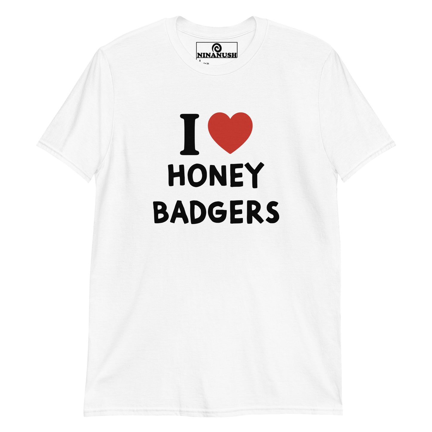 White I heart honey badgers t-shirt from Nina's Funky Shop by ninanush - The I heart honey badgers t-shirt! This classic cotton tee was designed by Nina, specifically for honey badger enthusiasts. It's soft, comfortable and made just for you. Share your passion for honey badgers with the world or give this quirky "I heart honey badgers" t-shirt to your favorite honey badger lover.