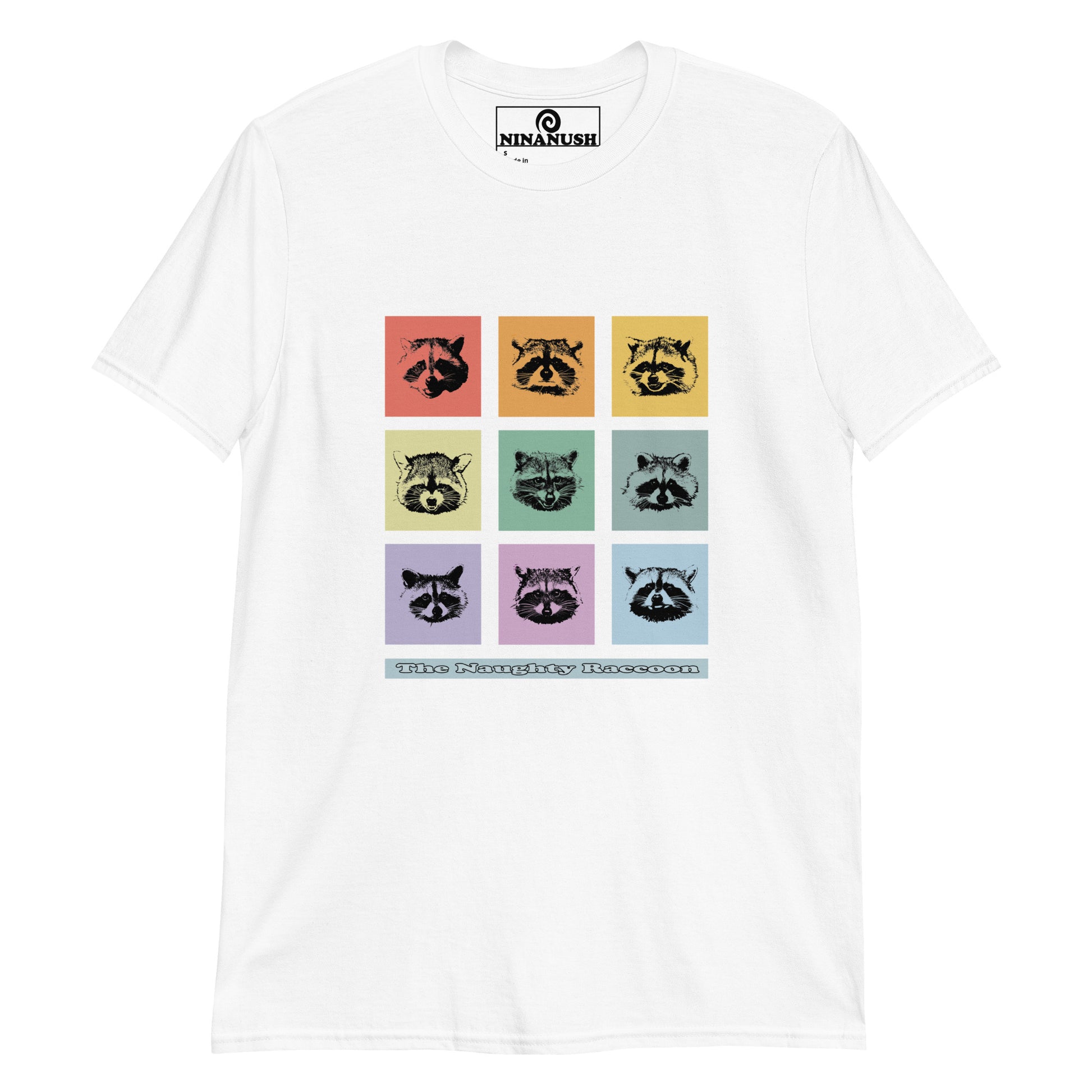 White t-shirt with colorful raccoons from Nina's Funky Shop by ninanush - Do you love raccoons? Looking for a funny raccoon gift? This colorful raccoon t-shirt is just what you need. It's a soft and comfortable cotton shirt with a unique raccoon design of nine naughty raccoons, expertly printed on the front. Stay weird and stand out in this funky raccoon lover shirt for quirky tee aficionados.