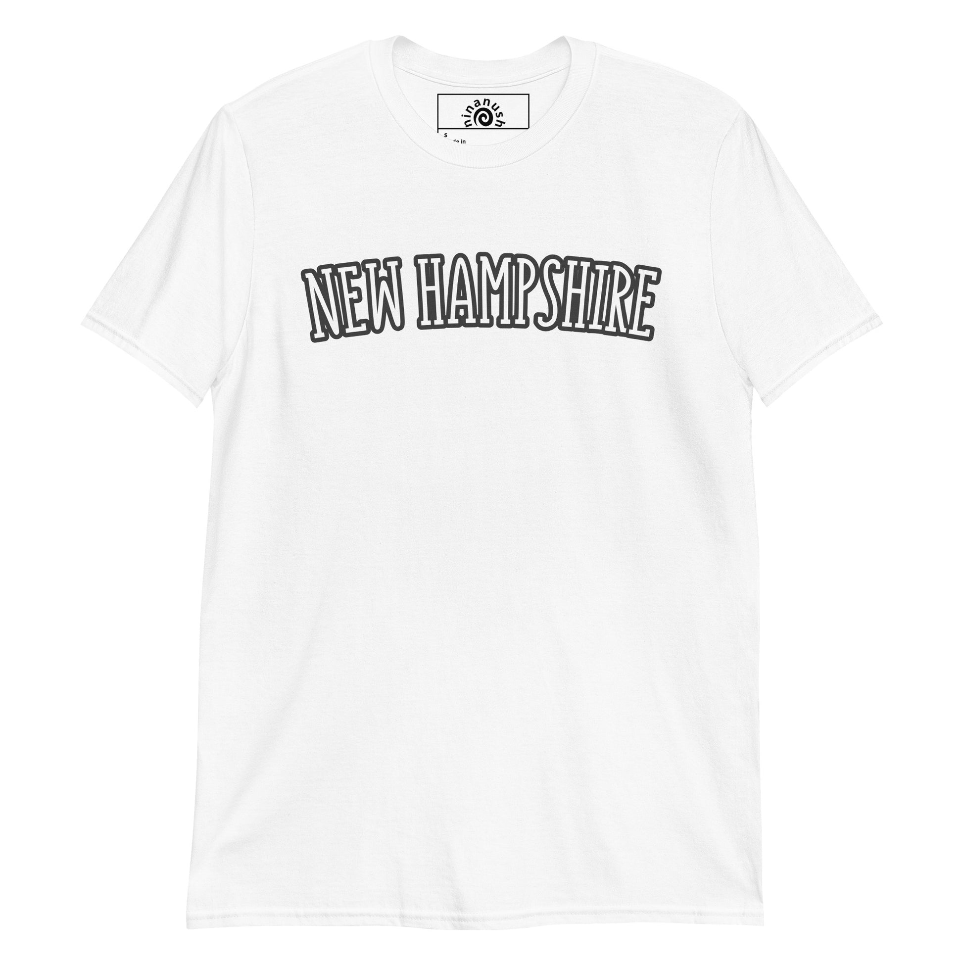 White Customizable New Hampshire t-shirt from Nina's Funky Shop by ninanush - Are you a New Hampshire local? Looking for a fun New Hampshire t-shirt or a funny gift for a New Englander? Design your perfect New Hampshire T-shirt right here with us! Just add your custom text and create your new favorite tee. Design: "New Hampshire" in an arc across the chest. Stand out in this varsity style New England Shirt.