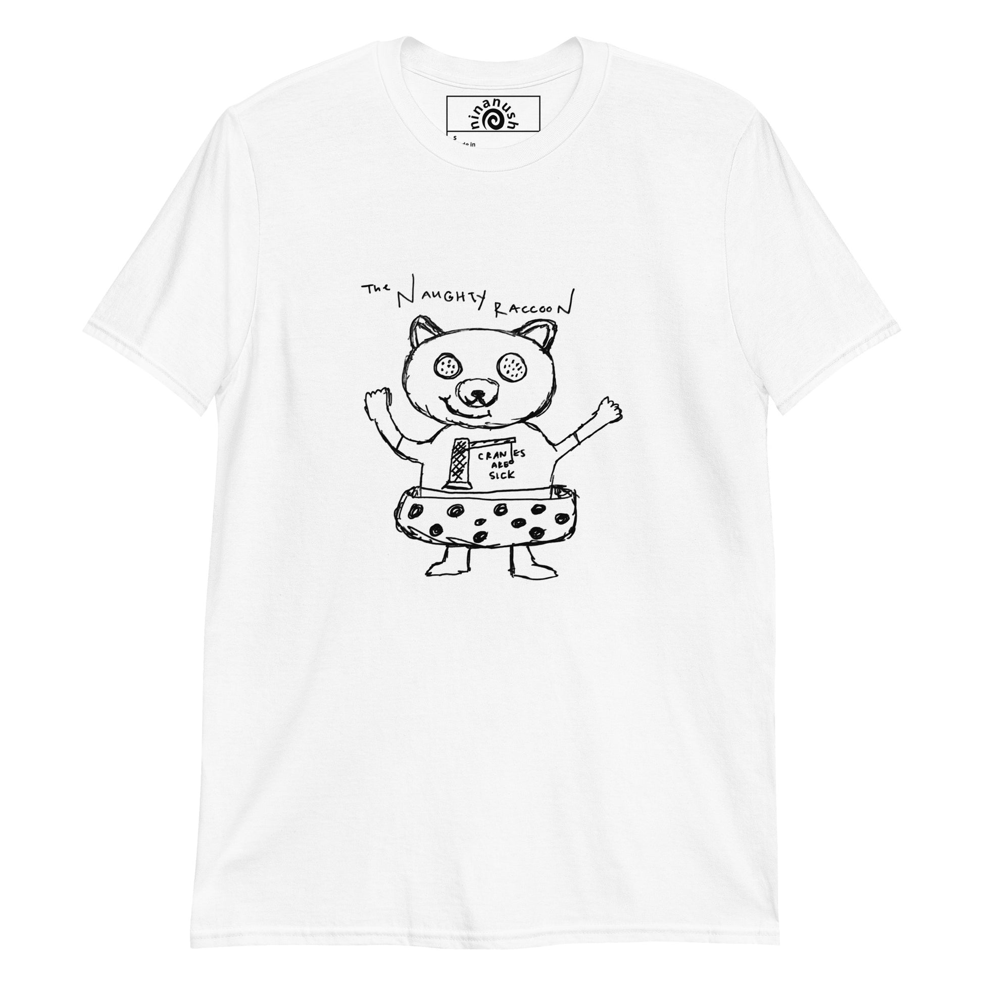 White The Naughty Raccoon T-shirt from Nina's Funky Shop by ninanush - This little naughty raccoon is ready for the beach. With cookies on his mind and a floaty in hand, he's always gonna have a good time. A soft and comfortable graphic tee with a hand drawn raccoon design, expertly printed on the front. This naughty raccoon t-shirt is unique and the perfect shirt for raccoon enthusiasts.