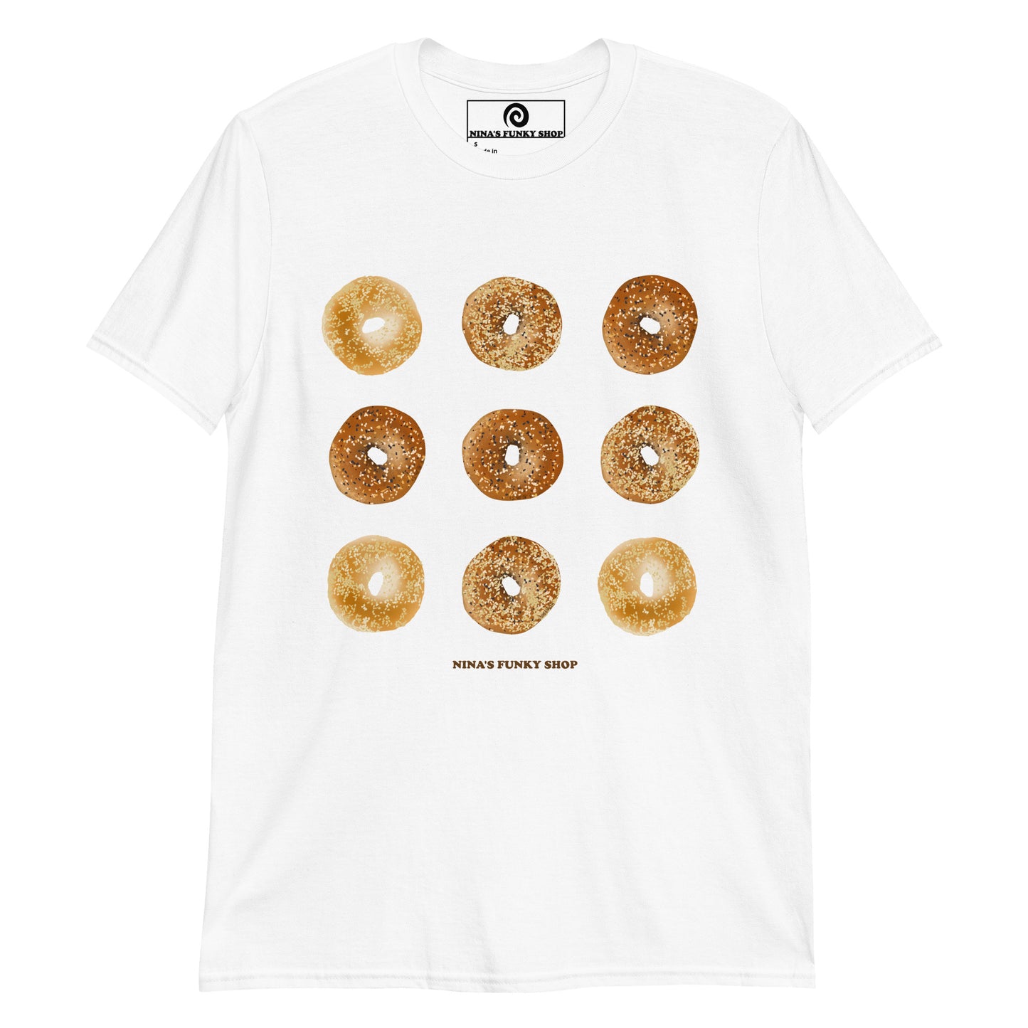 White Bagel Design T-shirt - Love bagels? This unique bagel t-shirt is just what you need! It's soft, comfortable and comes in a variety of colors with a hand drawn bagel design, expertly printed on the front. The perfect tee for bagel lovers and foodies of all kinds. 