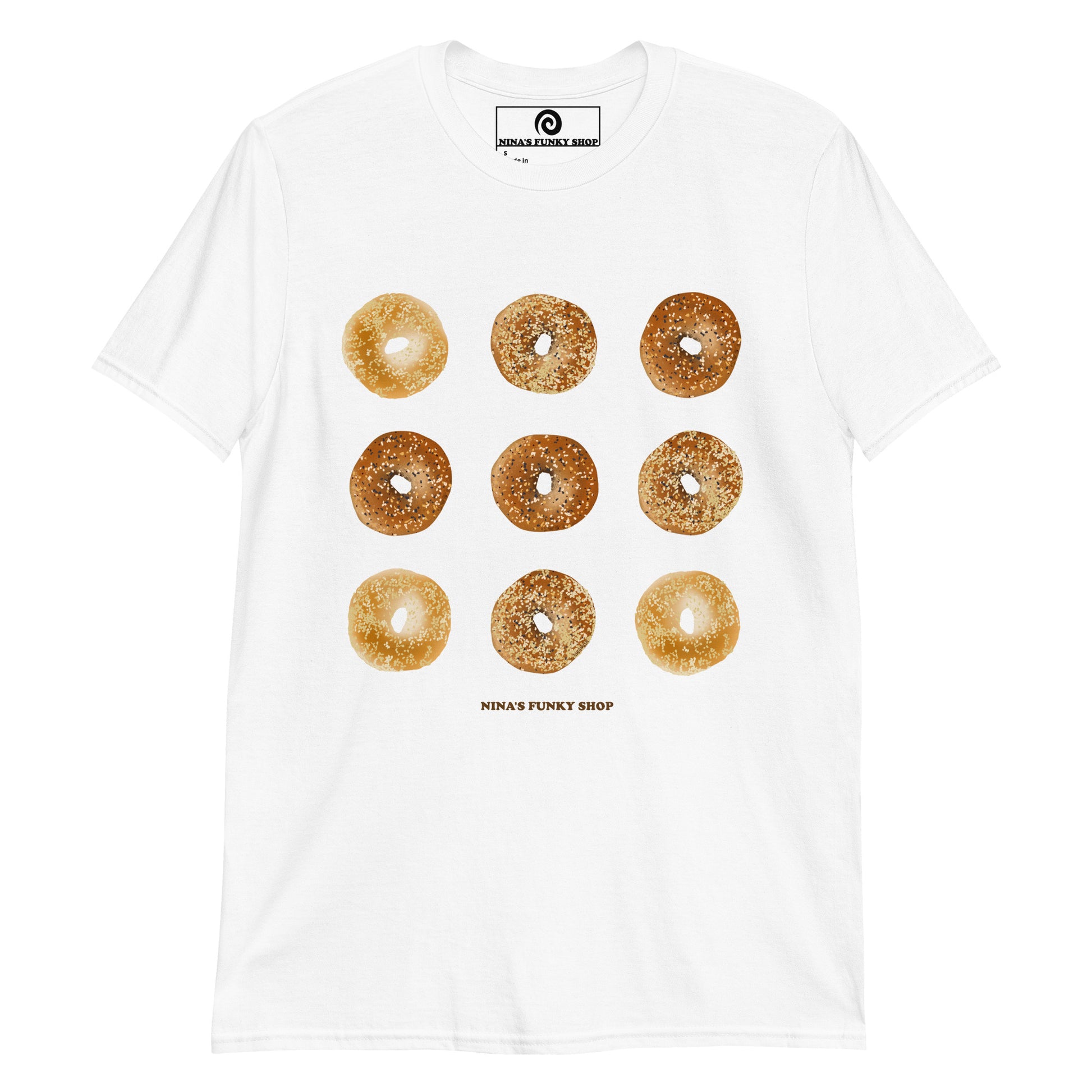 White Bagel Design T-shirt - Love bagels? This unique bagel t-shirt is just what you need! It's soft, comfortable and comes in a variety of colors with a hand drawn bagel design, expertly printed on the front. The perfect tee for bagel lovers and foodies of all kinds. 