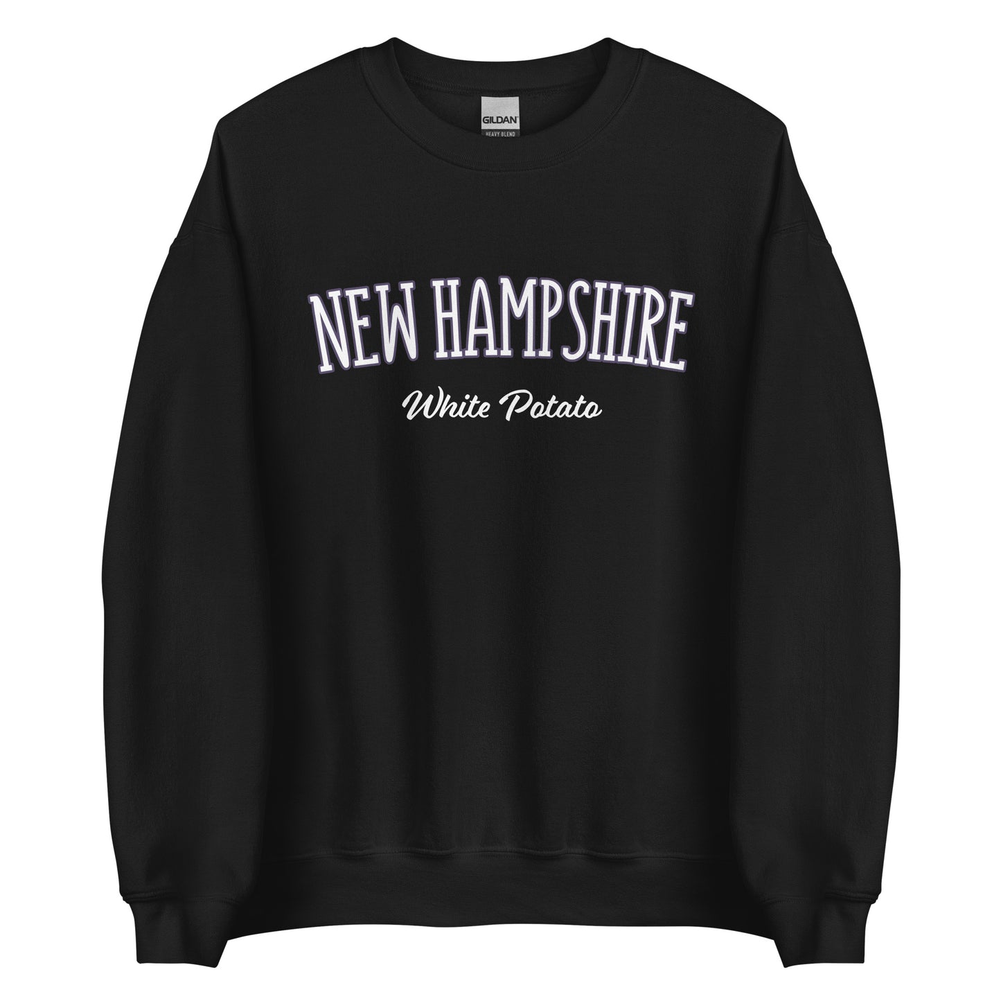 Black New Hampshire White Potato Sweatshirt from Nina's Funky Shop by ninanush - Do you love white potatoes? Looking for a funny New Hampshire gift? Introducing our New Hampshire White Potato Sweatshirt! It's a unique New Hampshire sweatshirt for white potato lovers and New Englanders of all kinds. This unisex, crew neck sweatshirt is perfect for cozy New England nights in or stand out streetwear.