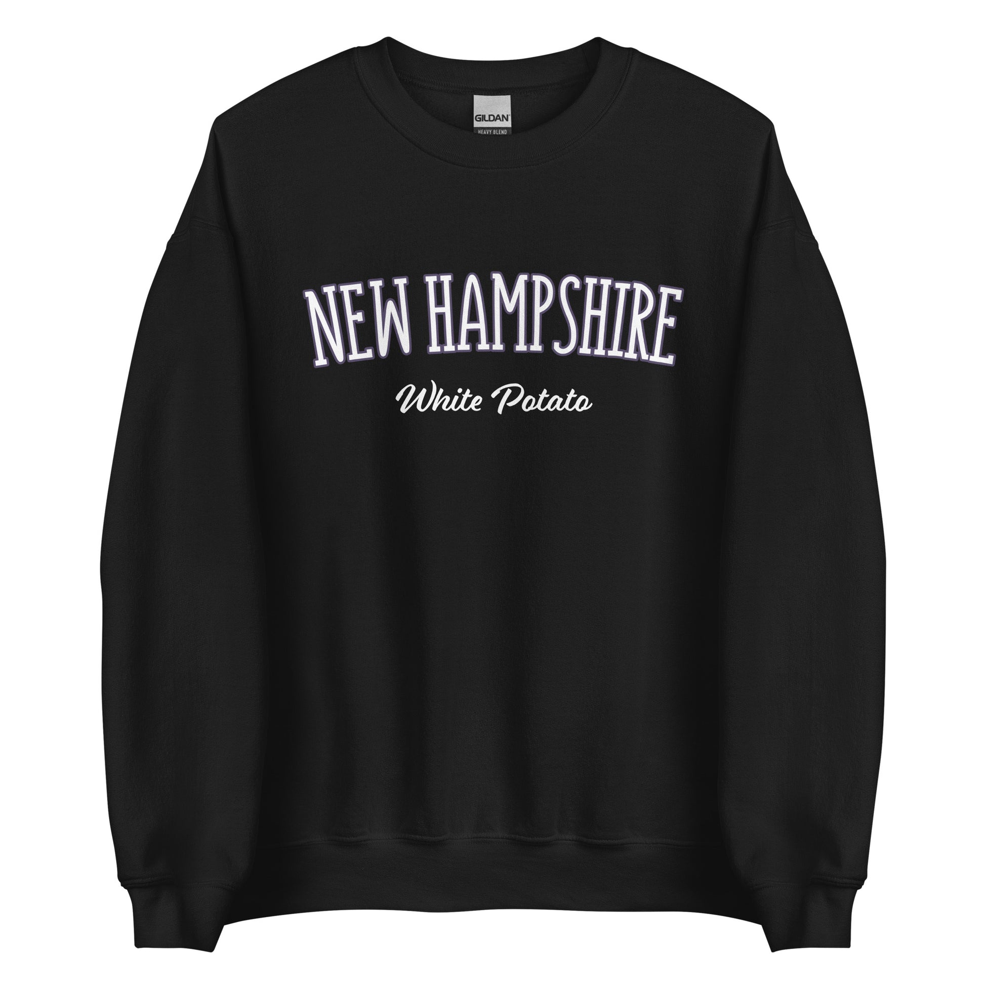 Black New Hampshire White Potato Sweatshirt from Nina's Funky Shop by ninanush - Do you love white potatoes? Looking for a funny New Hampshire gift? Introducing our New Hampshire White Potato Sweatshirt! It's a unique New Hampshire sweatshirt for white potato lovers and New Englanders of all kinds. This unisex, crew neck sweatshirt is perfect for cozy New England nights in or stand out streetwear.