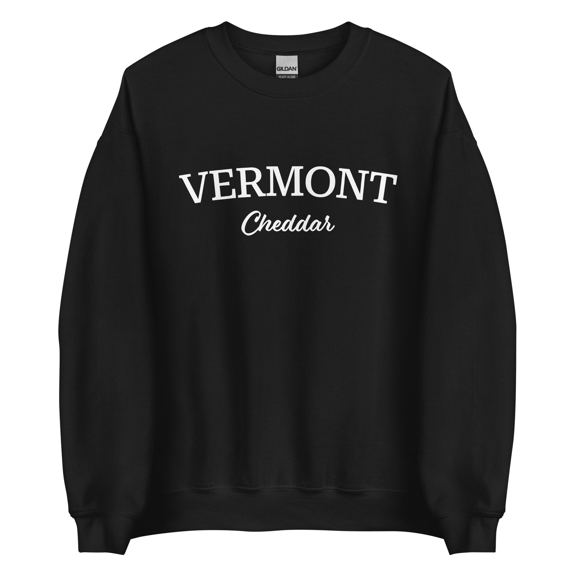 Black Vermont Cheddar Sweatshirt from Nina's Funky Shop by ninanush - Do you love cheddar cheese? Looking for a food themed gift? Introducing our Vermont Cheddar Sweatshirt! It's a New England foodie sweatshirt for cheddar cheese lovers like you. This Vermont varsity sweatshirt is unisex and perfect for Vermonters. It's a cheddar enthusiast sweatshirt is designed by Nina and made just for you.