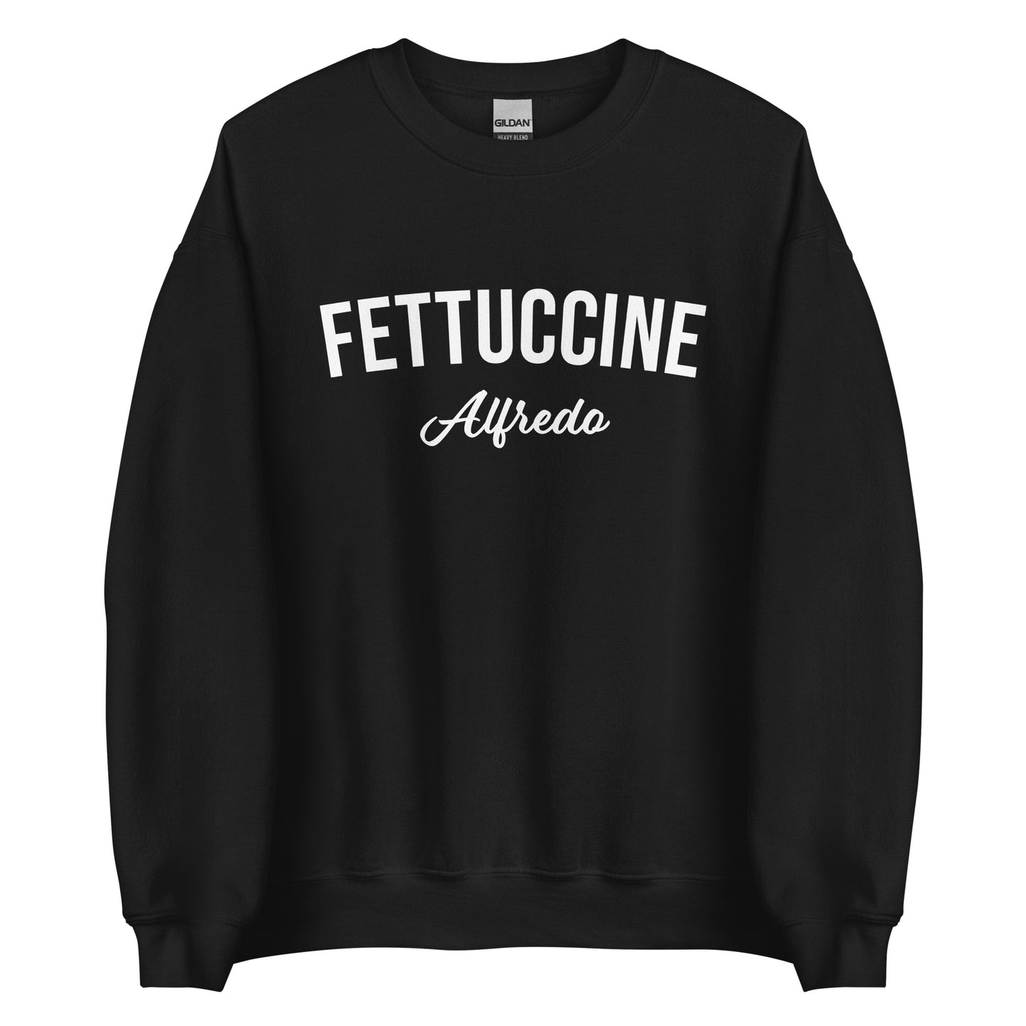 Black Fettuccine Alfredo Sweatshirt from Nina's Funky Shop by ninanush - Love fettuccine Alfredo? Looking for the perfect funny foodie gift? Introducing our Fettuccine Alfredo Sweatshirt. It's a unisex, varsity crew neck sweatshirt with "Fettuccine Alfredo", expertly printed on the front. For cozy nights in or stand out quirky streetwear, this pasta enthusiast sweatshirt is just what you need.