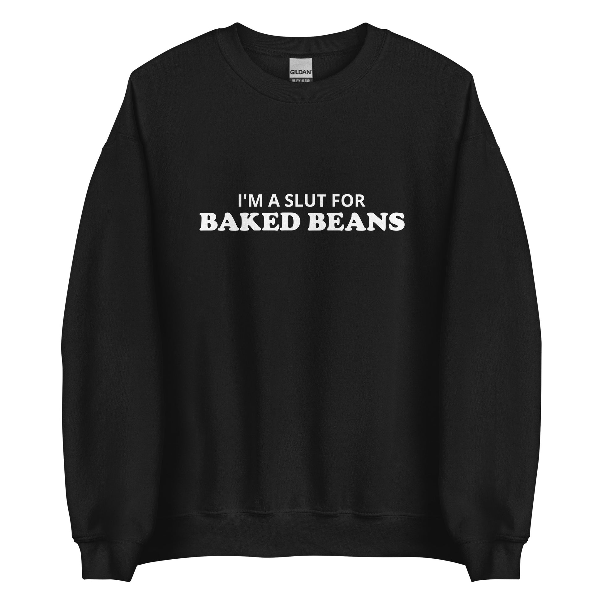 Black I'm A Slut For Baked Beans Sweatshirt from Nina's Funky Shop by Ninanush - Do you love baked beans? Looking for a funny foodie gift? Our Slut For Baked Beans Crew Neck Sweatshirt is soft, comfortable and just what you need. It's a unisex foodie sweatshirt that comes in a variety of colors with "I'm A Slut For Baked Beans", expertly printed on the front. This baked beans enthusiast sweatshirt was designed by Nina and made just for you. 