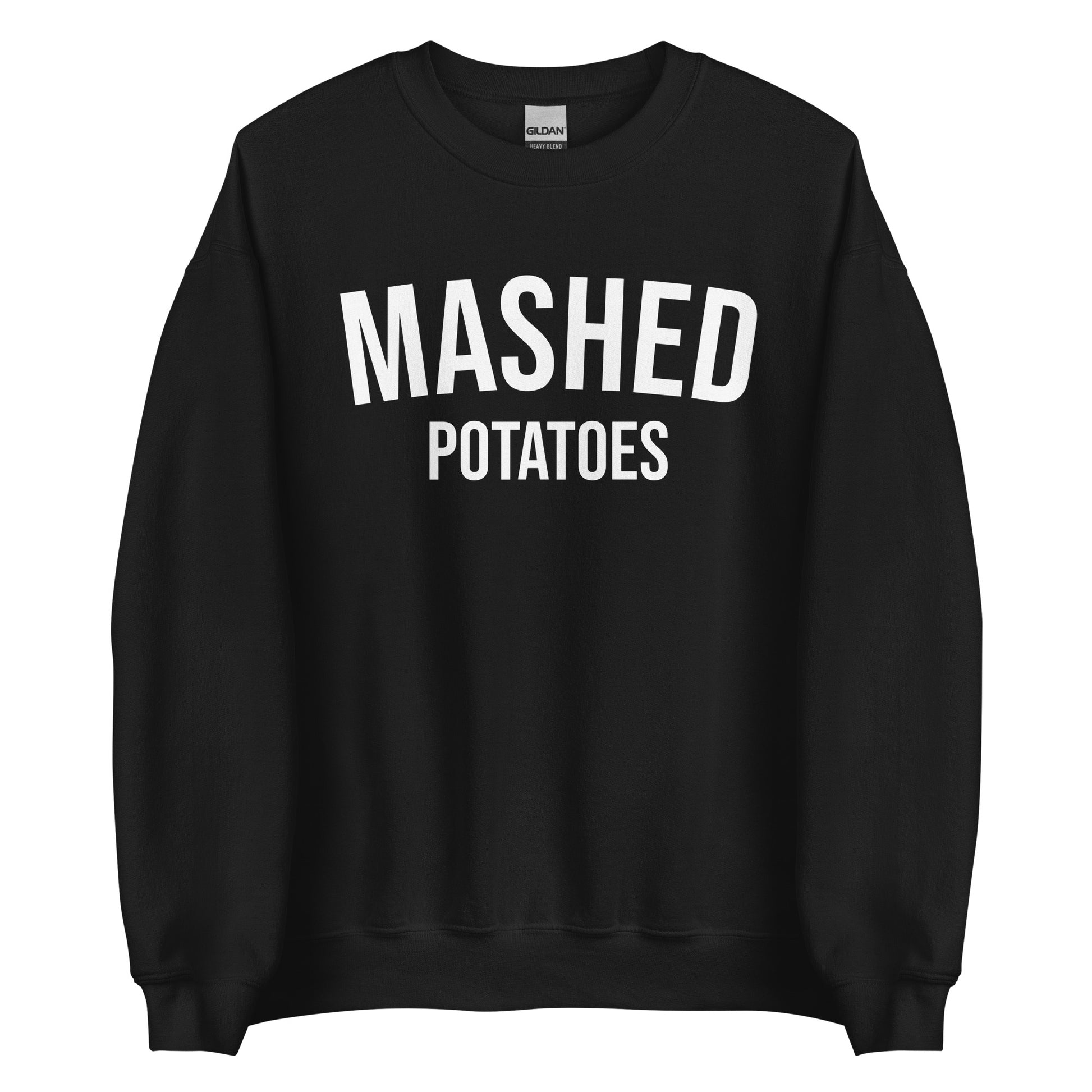 Black Mashed Potatoes Crewneck Sweatshirt from Nina's Funky Shop by ninanush - Do you love mashed potatoes? Looking for a funny foodie gift for a friend? Our Mashed Potatoes Crewneck Sweatshirt is soft, comfortable and just what you need. It's a unisex, varsity style, potato lover sweatshirt with "Mashed Potatoes" on the front. Show off your love of mashed potatoes in this funny holiday food sweatshirt.