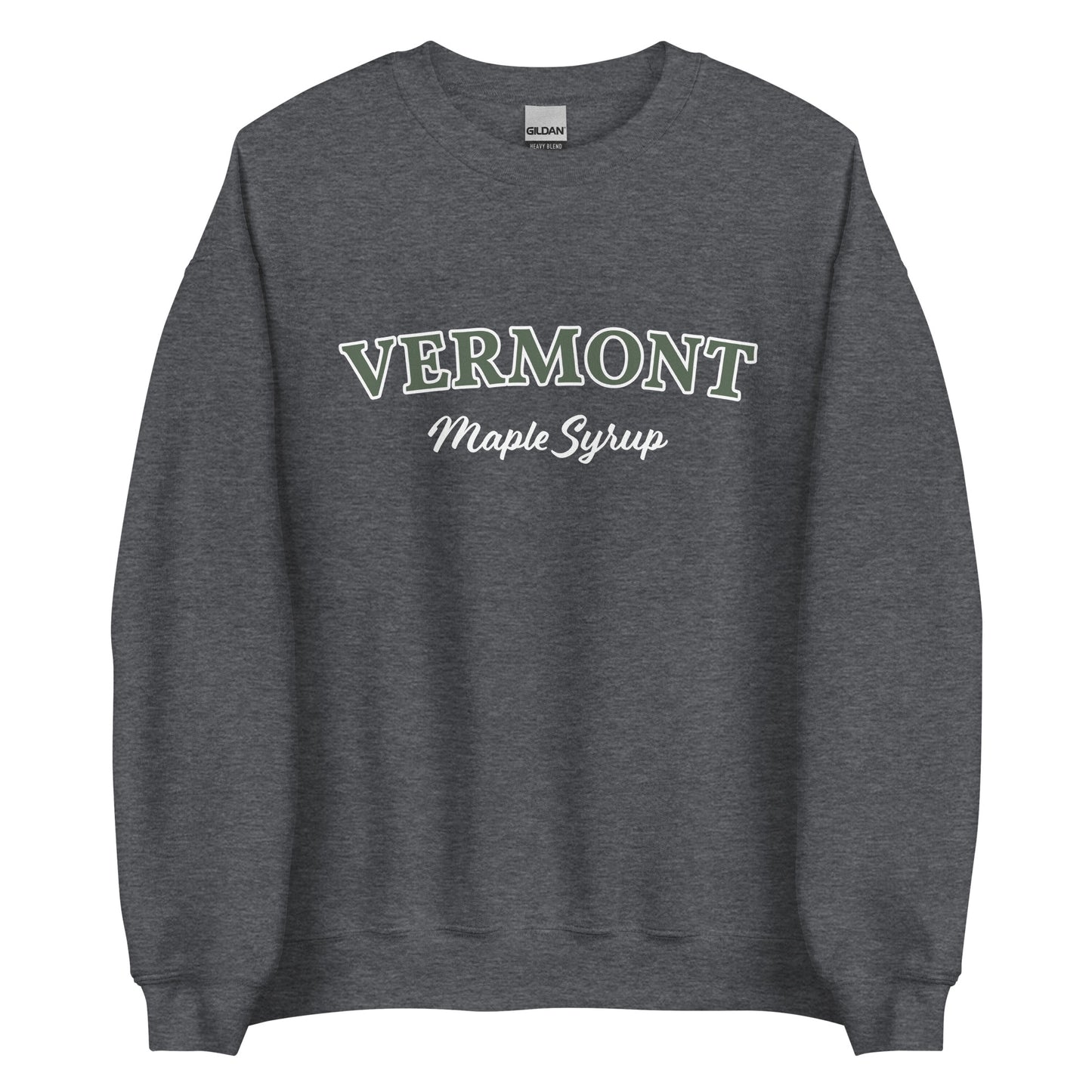 Dark Gray Vermont Maple Syrup Sweatshirt from Nina's Funky Shop by ninanush - Love real maple syrup? Need a fun New England Gift? Our Vermont Maple Syrup Sweatshirt is just for you. It's a funny foodie sweatshirt for maple syrup lovers and foodies of all kinds. This unisex, crew neck sweatshirt has "Vermont Maple Syrup" on the front. The perfect Vermont Sweatshirt for maple syrup enthusiasts.
