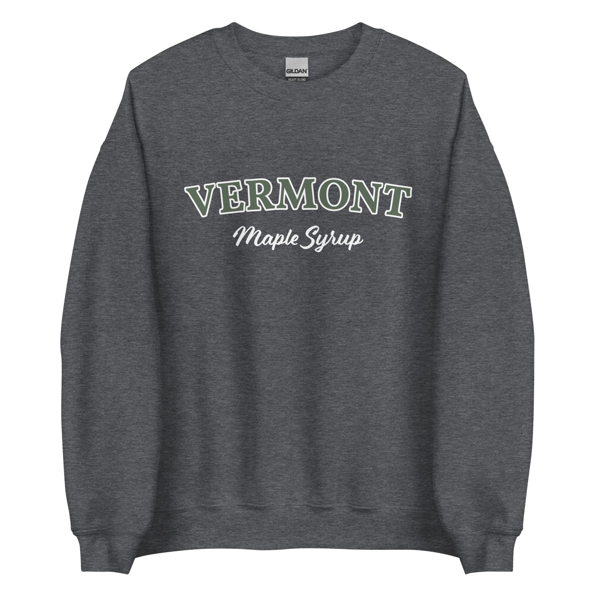 Dark Gray Vermont Maple Syrup Sweatshirt from Nina's Funky Shop by ninanush - Love real maple syrup? Need a fun New England Gift? Our Vermont Maple Syrup Sweatshirt is just for you. It's a funny foodie sweatshirt for maple syrup lovers and foodies of all kinds. This unisex, crew neck sweatshirt has "Vermont Maple Syrup" on the front. The perfect Vermont Sweatshirt for maple syrup enthusiasts.