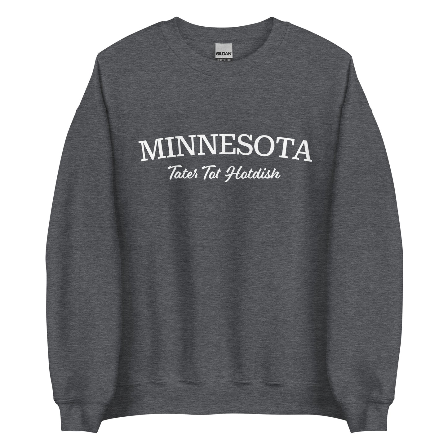 Gray Minnesota state food sweatshirt from Nina's Funky Shop by ninanush - Love Tater Tot Hotdish? Looking for a funny Minnesota gift? Introducing our Minnesota Tater Tot Hotdish Sweatshirt! It's a Midwestern foodie sweatshirt with "Minnesota" and the unofficial MN state food "Tater Tot Hotdish" on the front. Perfect for cozy nights in or a statement sweatshirt for tater tot hotdish lovers. 