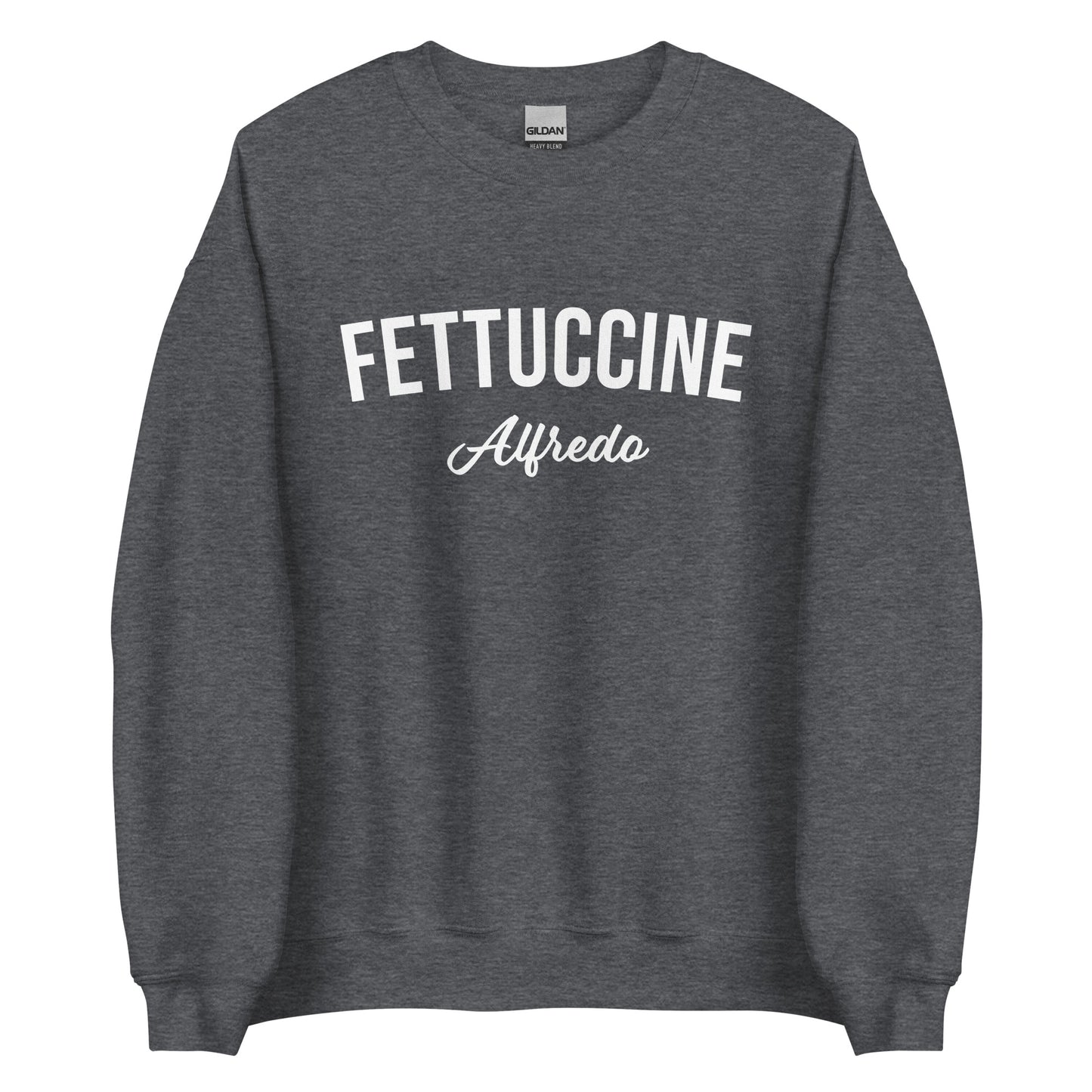 Dark Gray Fettuccine Alfredo Sweatshirt from Nina's Funky Shop by ninanush - Love fettuccine Alfredo? Looking for the perfect funny foodie gift? Introducing our Fettuccine Alfredo Sweatshirt. It's a unisex, varsity crew neck sweatshirt with "Fettuccine Alfredo", expertly printed on the front. For cozy nights in or stand out quirky streetwear, this pasta enthusiast sweatshirt is just what you need.