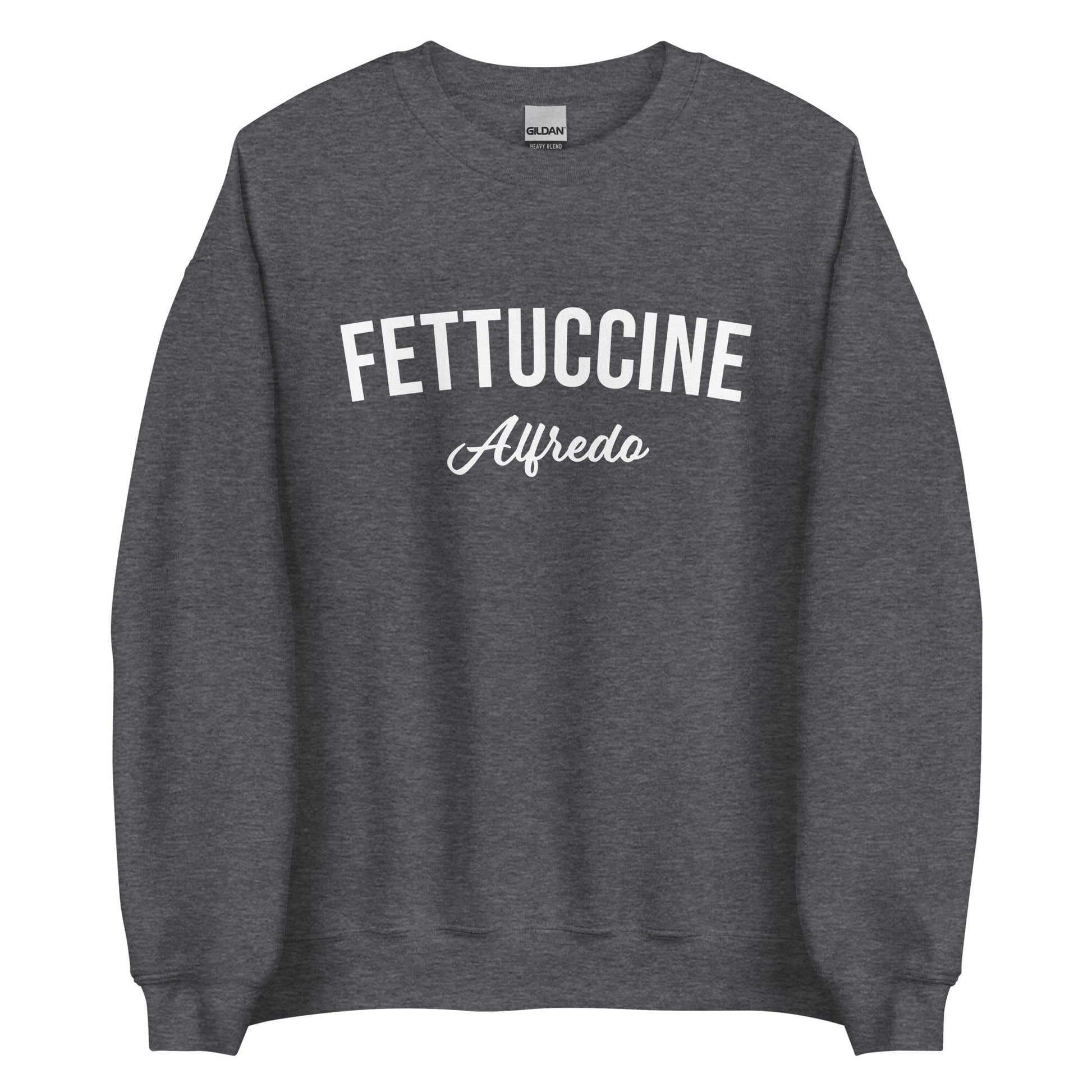 Dark Gray Fettuccine Alfredo Sweatshirt from Nina's Funky Shop by ninanush - Love fettuccine Alfredo? Looking for the perfect funny foodie gift? Introducing our Fettuccine Alfredo Sweatshirt. It's a unisex, varsity crew neck sweatshirt with "Fettuccine Alfredo", expertly printed on the front. For cozy nights in or stand out quirky streetwear, this pasta enthusiast sweatshirt is just what you need.