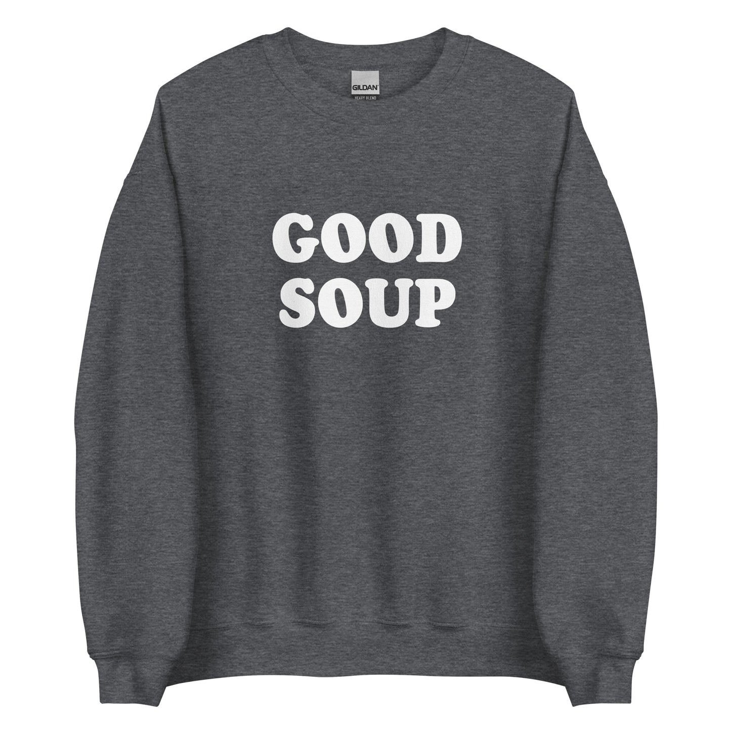 Dark Gray Good Soup Sweatshirt from Nina's Funky Shop by ninanush - Do you love soup? Looking for a funny gift? Our Good Soup Crewneck Sweatshirt is soft, comfortable and just what you need. It's a unisex sweatshirt that comes in a variety of colors with "Good Soup", expertly printed on the front. A unique and funny sweatshirt for cozy nights in or stand out Soup Lover streetwear. This quirky sweatshirt is designed by Nina and made just for you.