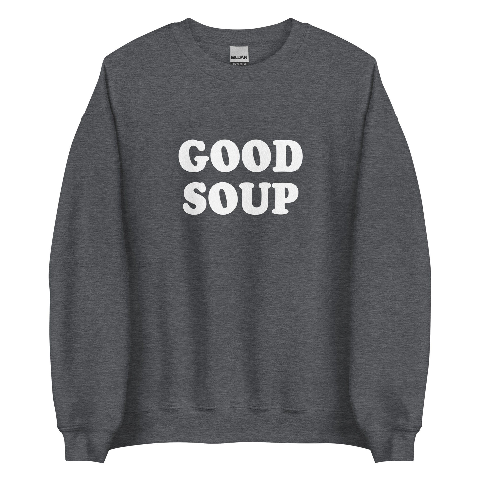 Dark Gray Good Soup Sweatshirt from Nina's Funky Shop by ninanush - Do you love soup? Looking for a funny gift? Our Good Soup Crewneck Sweatshirt is soft, comfortable and just what you need. It's a unisex sweatshirt that comes in a variety of colors with "Good Soup", expertly printed on the front. A unique and funny sweatshirt for cozy nights in or stand out Soup Lover streetwear. This quirky sweatshirt is designed by Nina and made just for you.