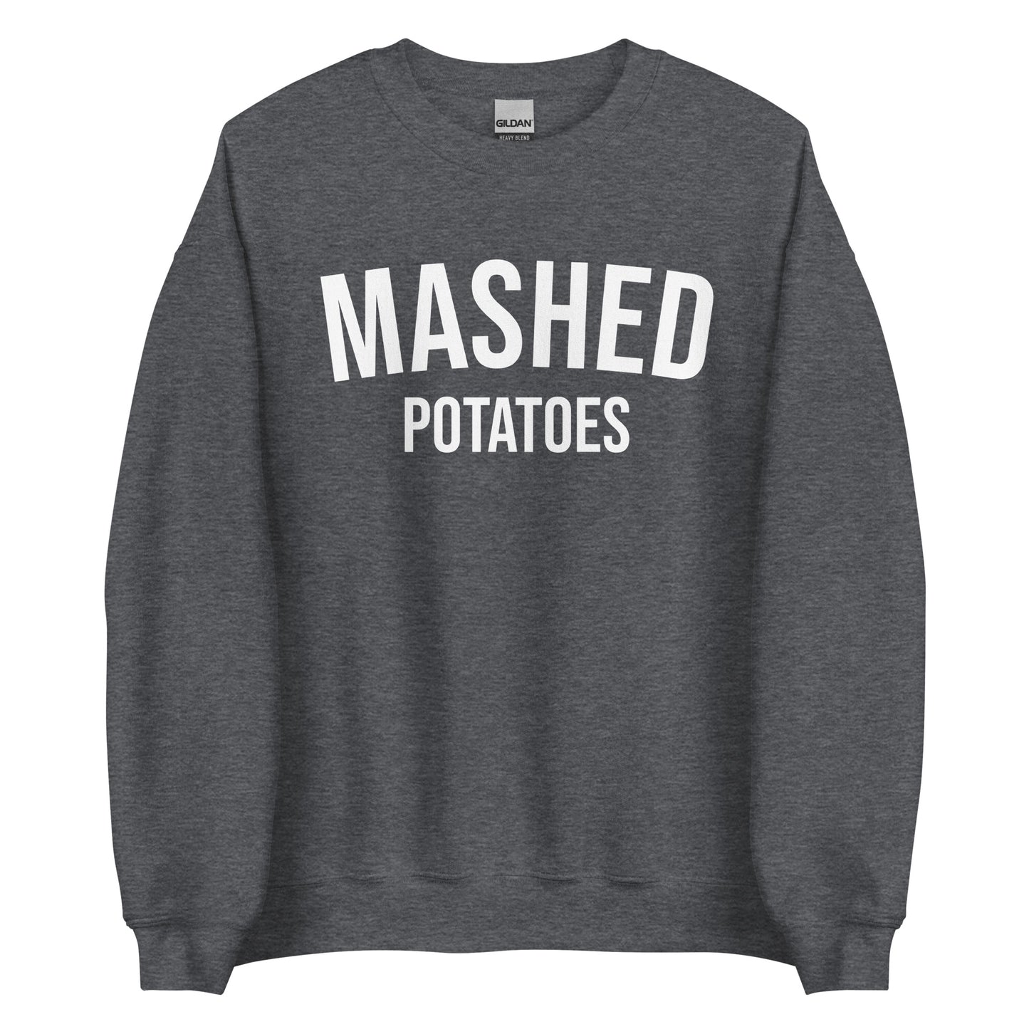 Dark Gray Mashed Potatoes Crewneck Sweatshirt from Nina's Funky Shop by ninanush - Do you love mashed potatoes? Looking for a funny foodie gift for a friend? Our Mashed Potatoes Crewneck Sweatshirt is soft, comfortable and just what you need. It's a unisex, varsity style, potato lover sweatshirt with "Mashed Potatoes" on the front. Show off your love of mashed potatoes in this funny holiday food sweatshirt.