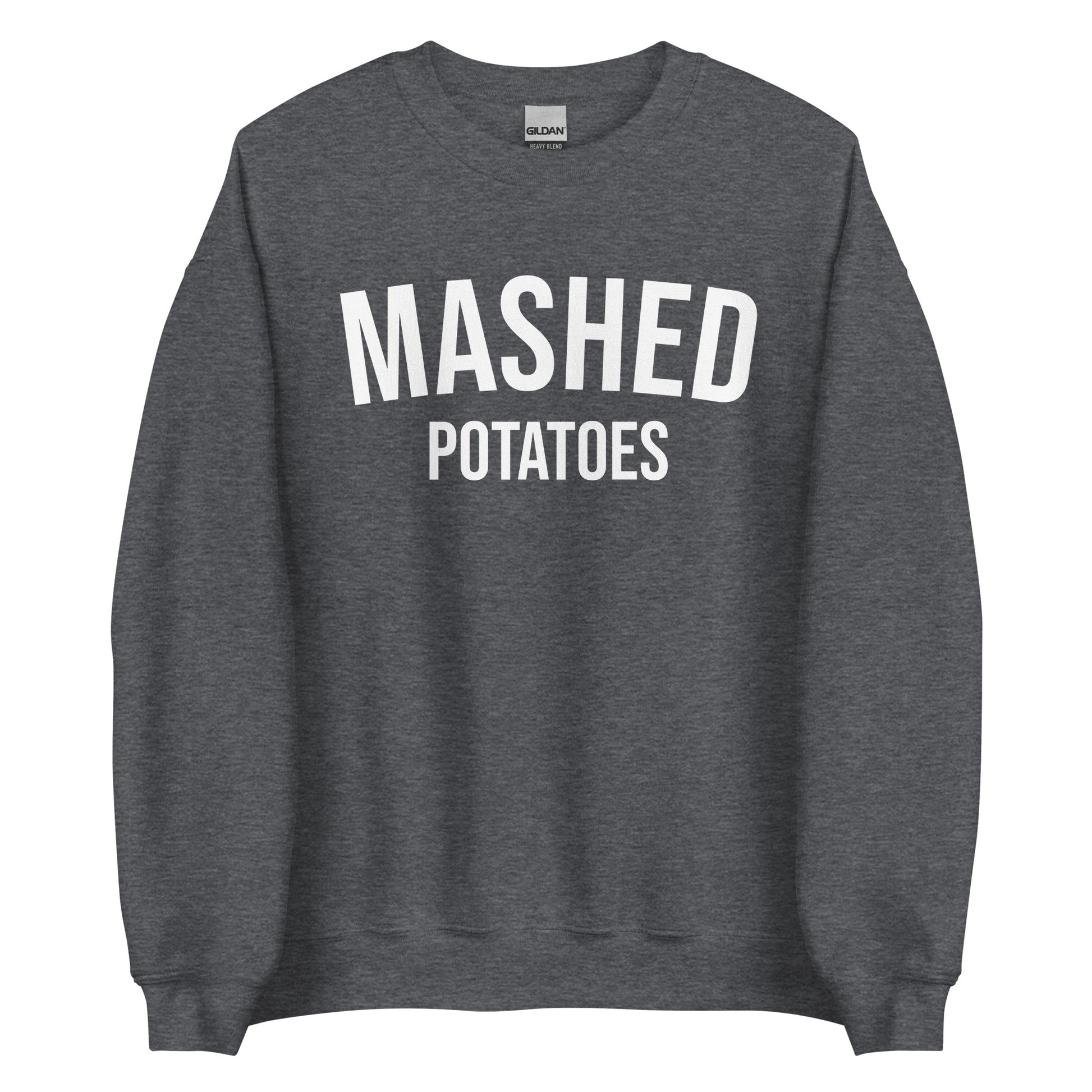 Dark Gray Mashed Potatoes Crewneck Sweatshirt from Nina's Funky Shop by ninanush - Do you love mashed potatoes? Looking for a funny foodie gift for a friend? Our Mashed Potatoes Crewneck Sweatshirt is soft, comfortable and just what you need. It's a unisex, varsity style, potato lover sweatshirt with "Mashed Potatoes" on the front. Show off your love of mashed potatoes in this funny holiday food sweatshirt.