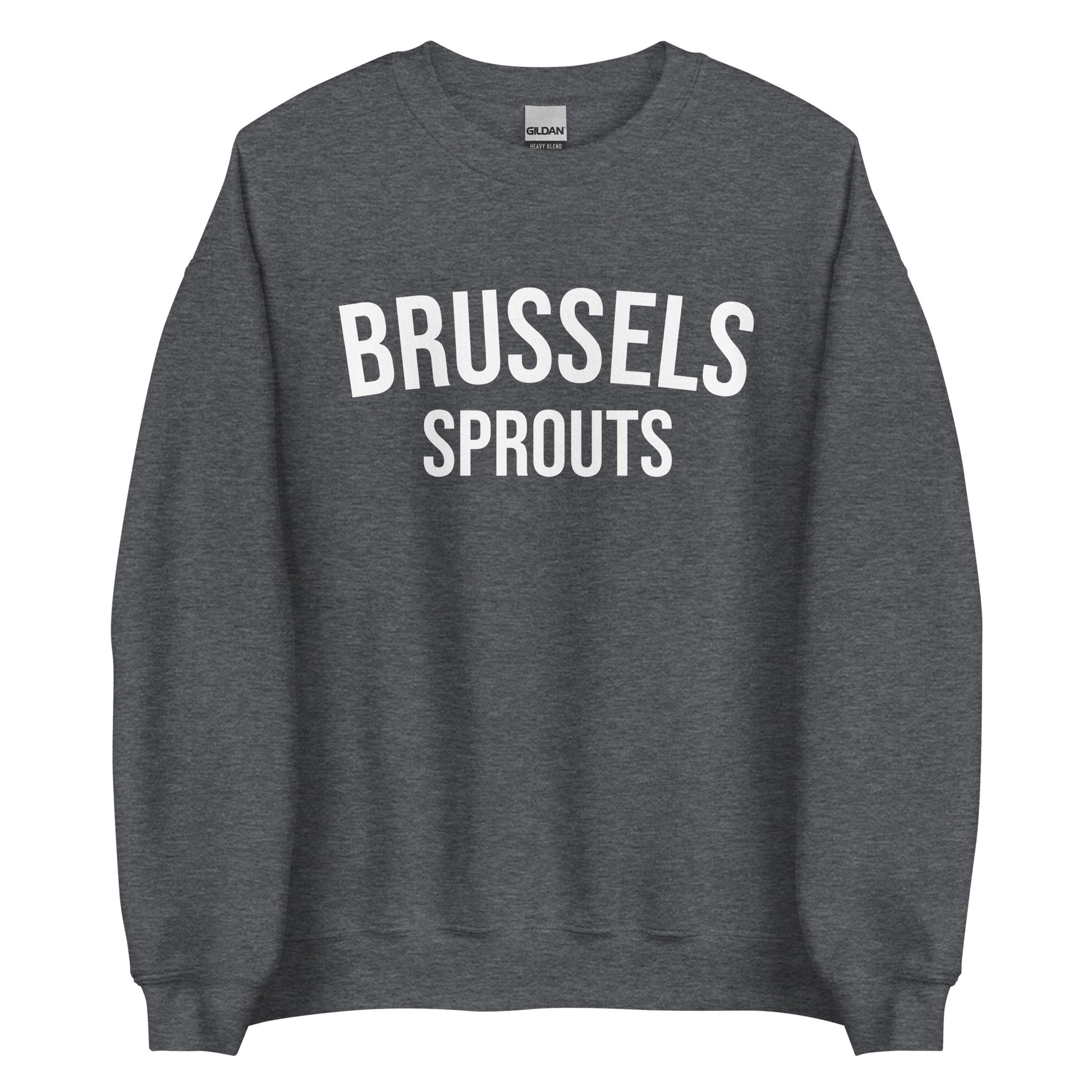 Dark Gray Brussels Sprouts Sweatshirt from Nina's Funky Shop by ninanush - Do you love Brussels sprouts? Looking for a funny foodie gift? Our Brussels Sprouts Crewneck Sweatshirt is just what you need. It's a unisex unique sweatshirt with "Brussels Sprouts" on the front. A funny foodie sweatshirt for Brussels Sprouts enthusiasts. This varsity style pickle sweatshirt is designed by Nina.