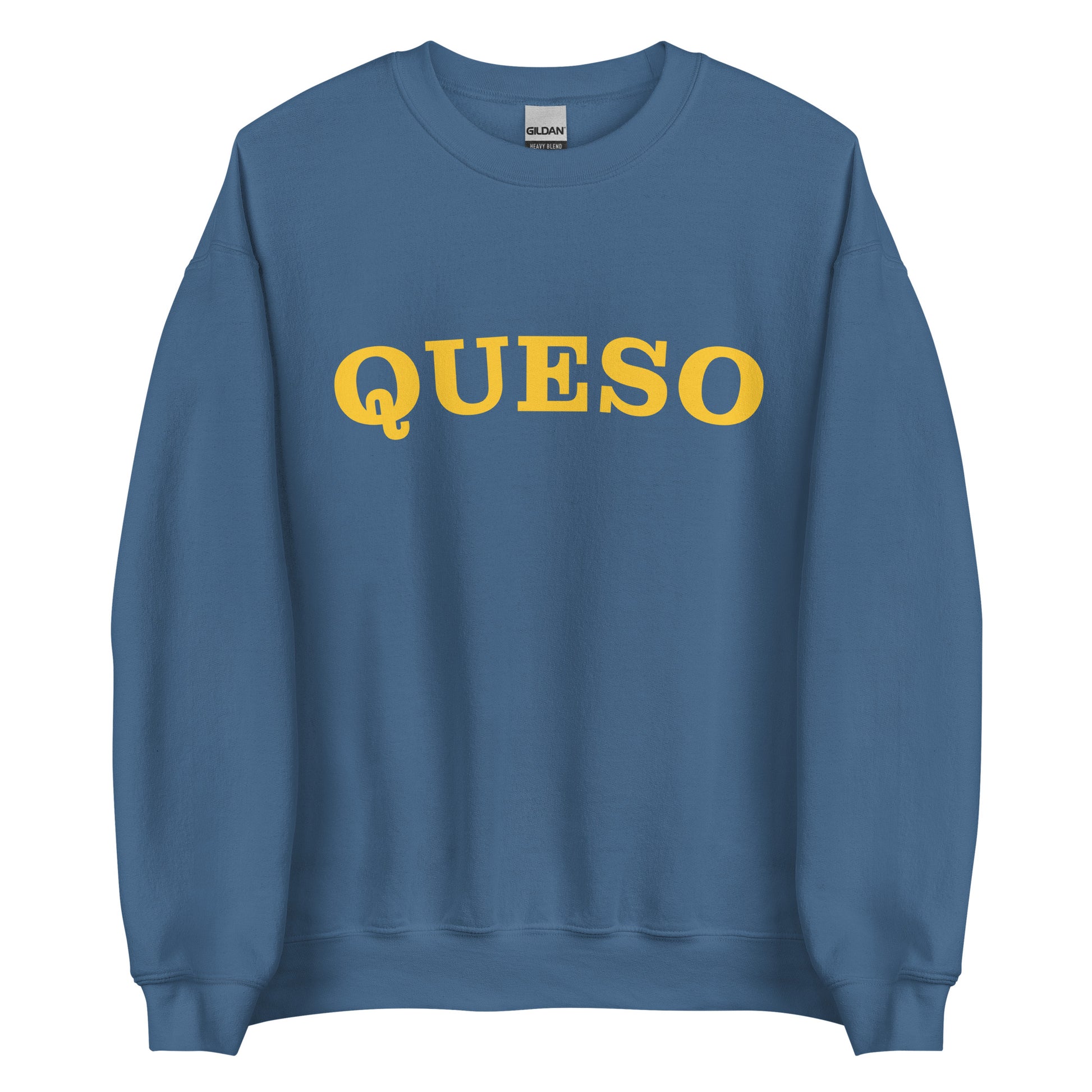 Indigo Blue Queso Sweatshirt from Nina's Funky Shop by ninanush - Our colorful Queso Sweatshirt! A funny foodie sweatshirt for queso lovers. This crew neck sweatshirt comes in a variety of colors with "Queso", expertly printed on the front. Perfect for cozy nights in or stand out streetwear for foodies, this queso enthusiast sweatshirt is designed by Nina and made just for you.
